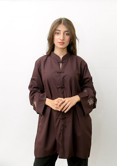 Chocolate Brown Minimalist Shirt with Mandarin Collar and Butterfly Hand Embroidery