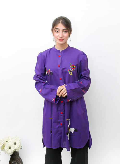 Purple Hand Embroidered Long Shirt with Button Detailing