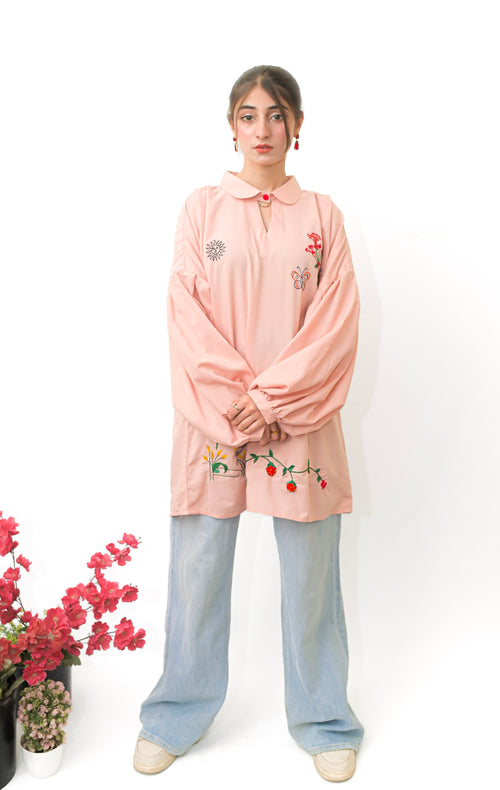 Blush Pink Hand Embroidered Shirt with Peter Pan Collar