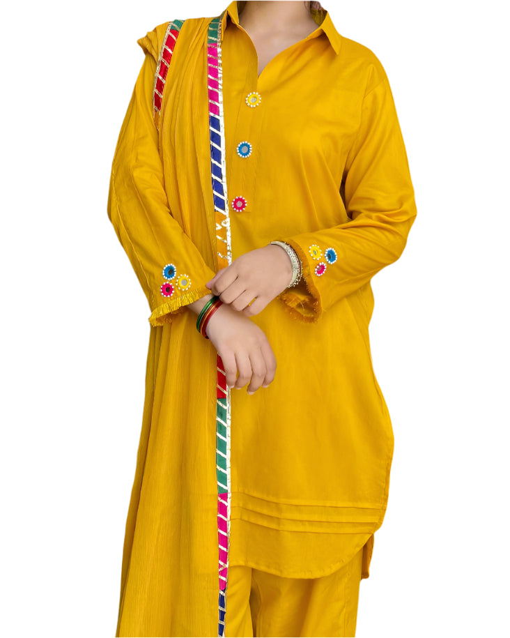 3PC-Mustard Yellow Kurta Set with Multicolor Embellishments