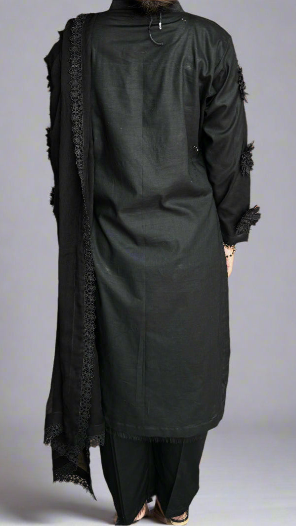 3PC-Midnight Black 3D Floral Embroidered Kurta Set