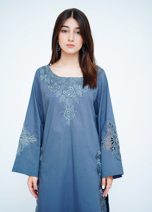 2PC- Embroidered Cutwork Suit in Slate Blue