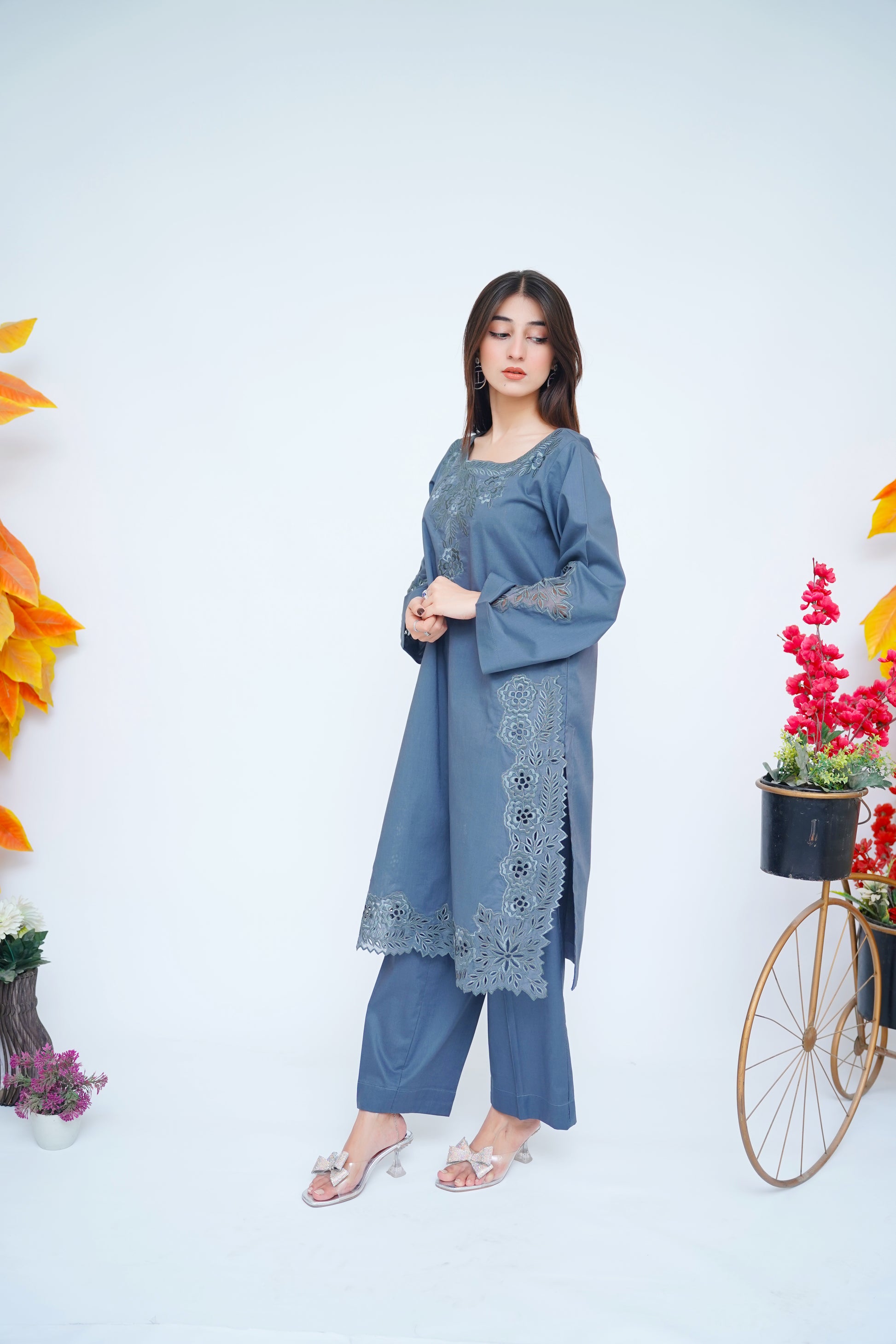 2PC- Embroidered Cutwork Suit in Slate Blue
