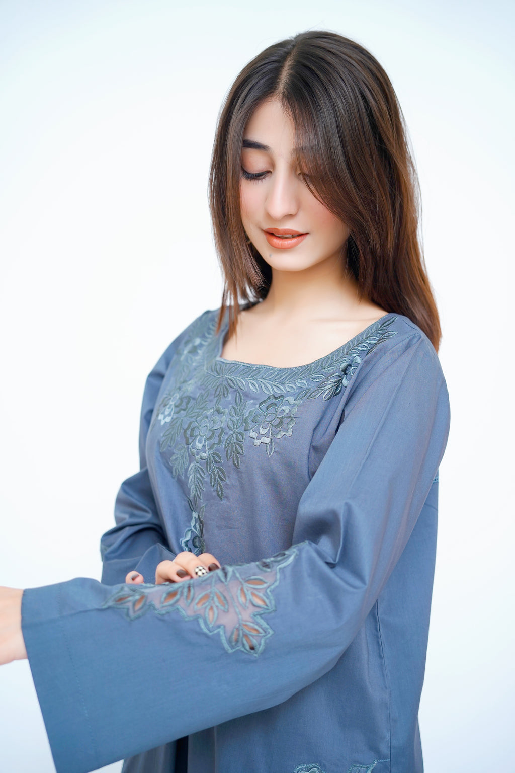 2PC- Embroidered Cutwork Suit in Slate Blue