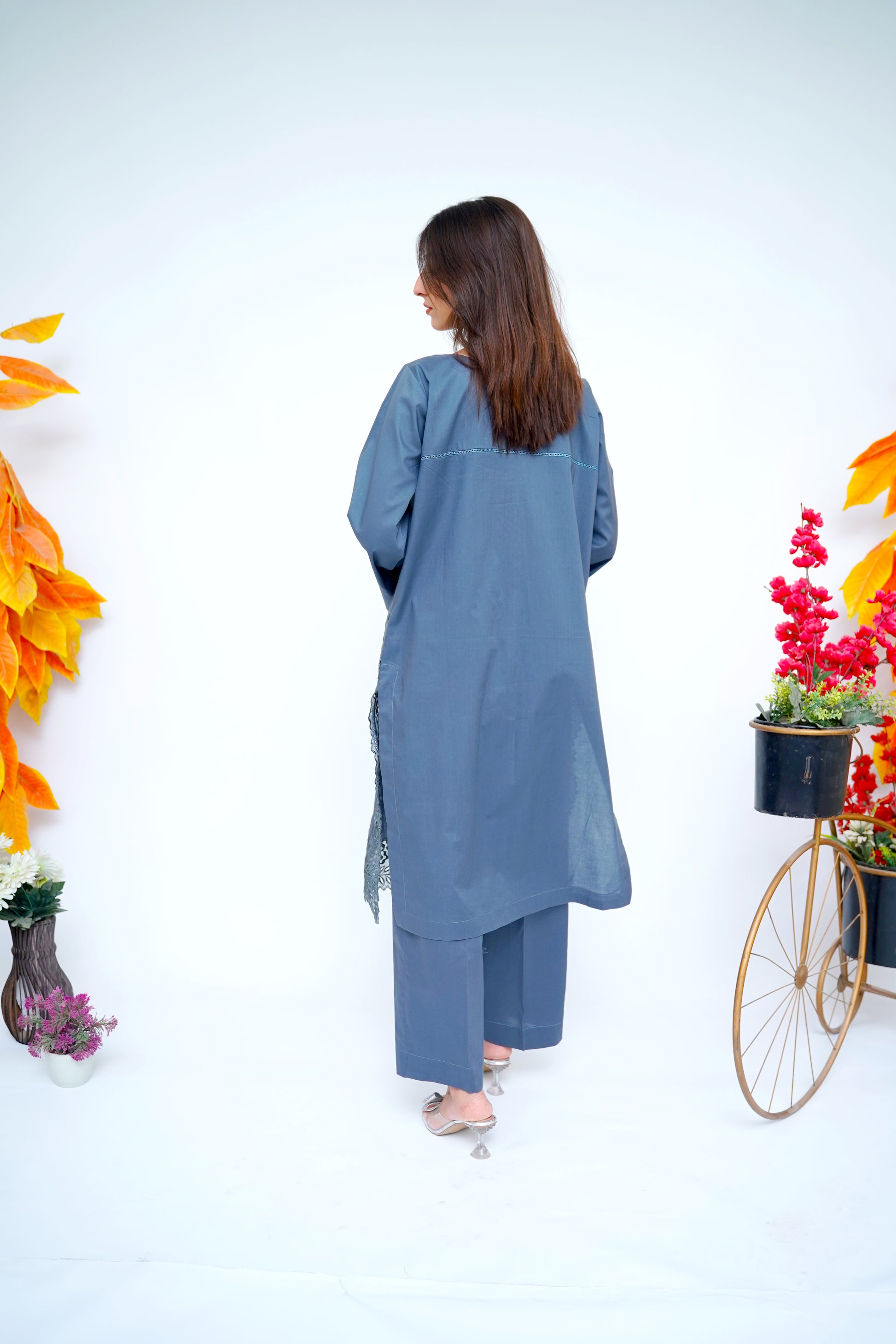 2PC- Embroidered Cutwork Suit in Slate Blue