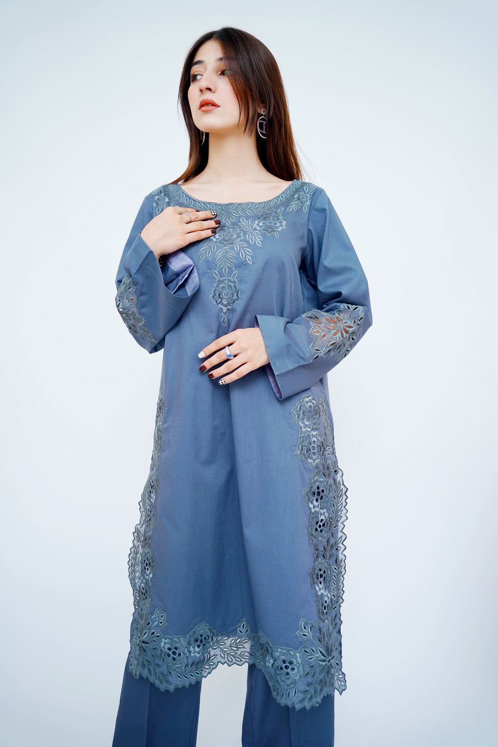 2PC- Embroidered Cutwork Suit in Slate Blue