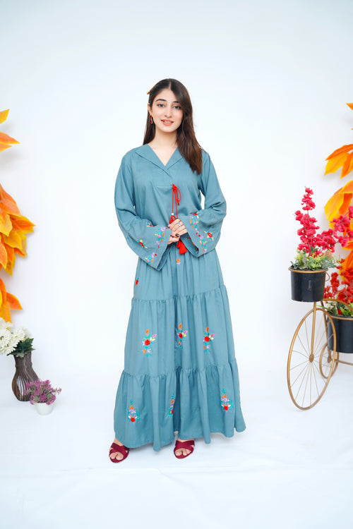 2PC – Hand Embroidered Skirt & Shirt Set in Teal Blue