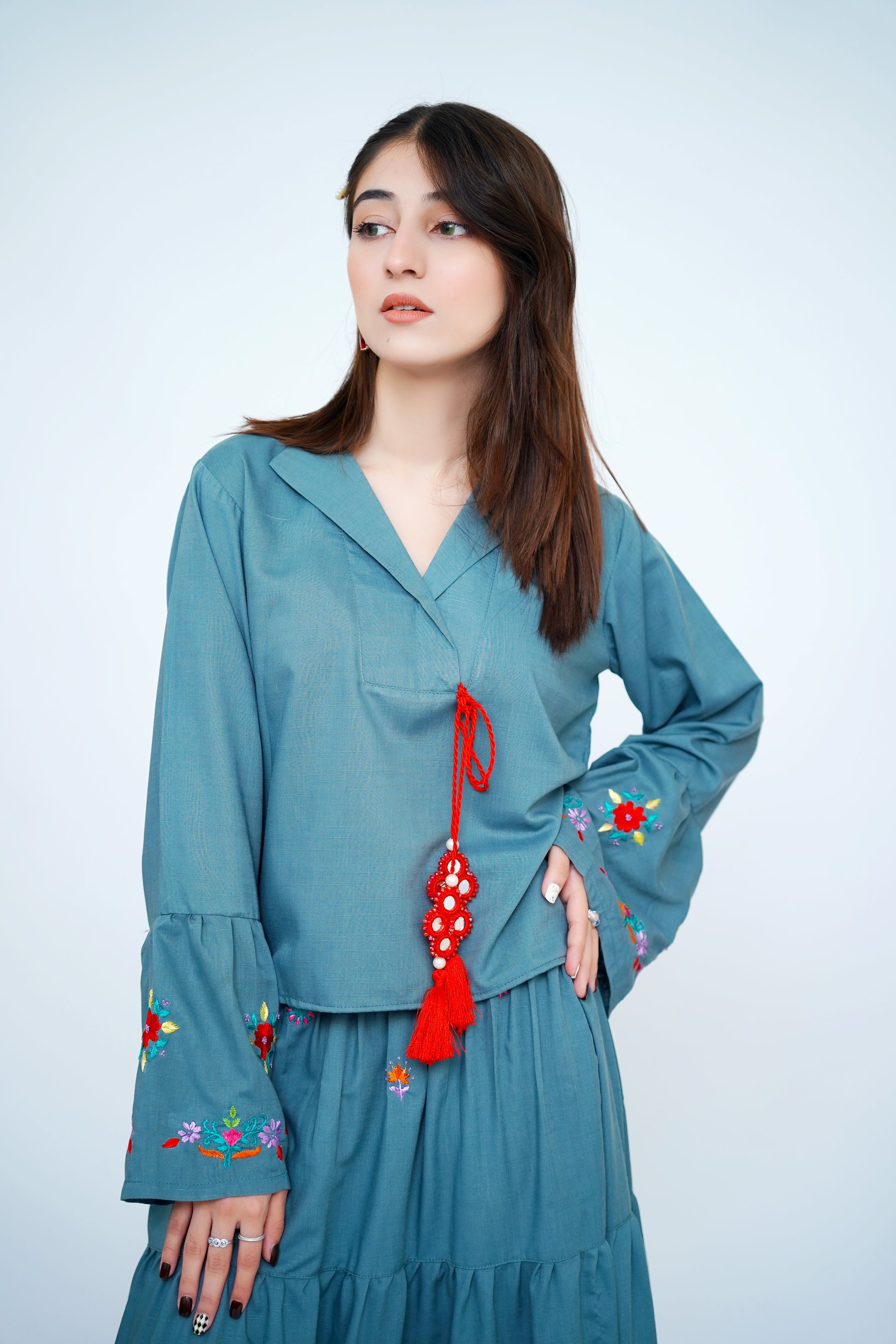 2PC – Hand Embroidered Skirt & Shirt Set in Teal Blue