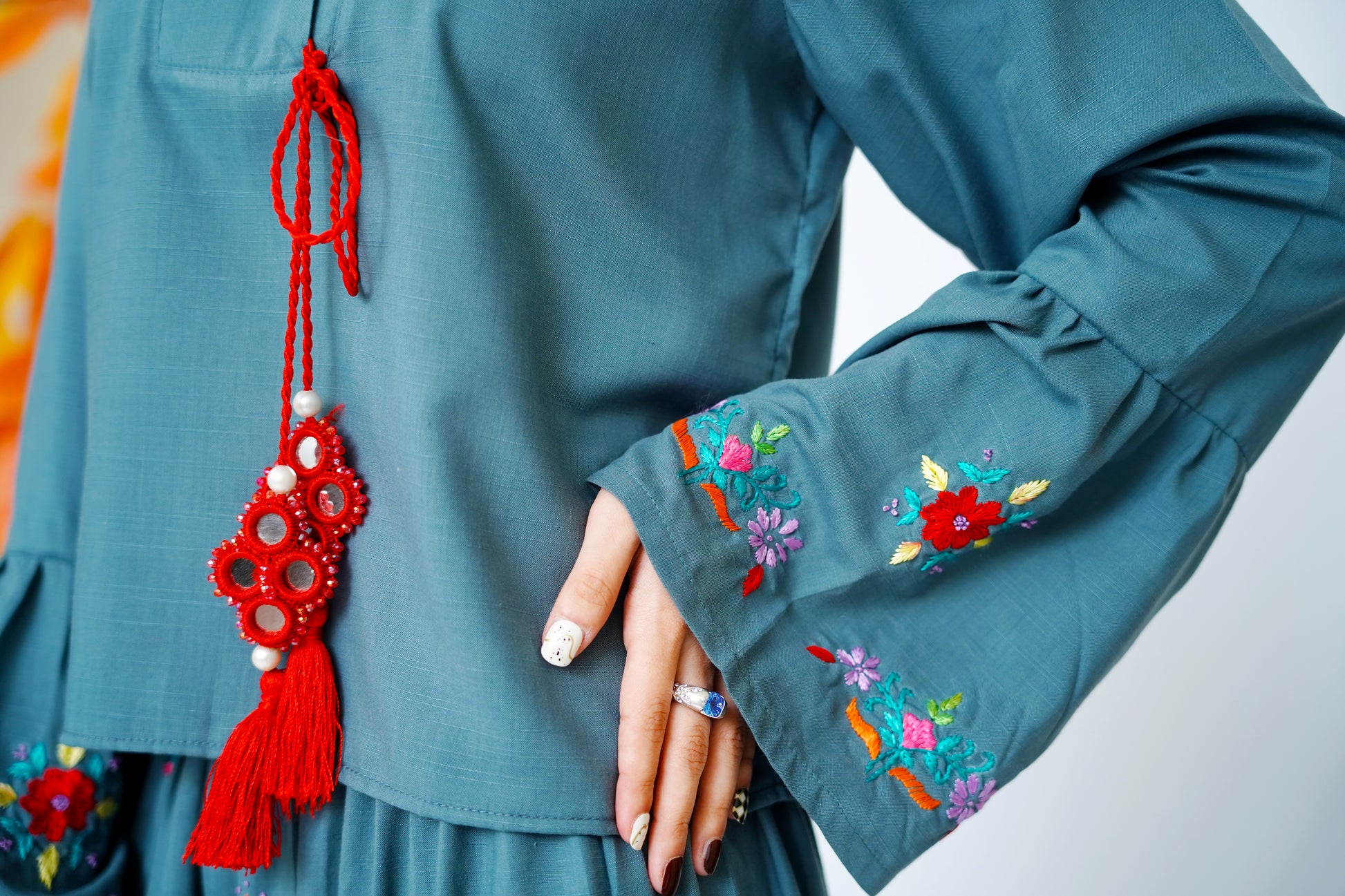2PC – Hand Embroidered Skirt & Shirt Set in Teal Blue