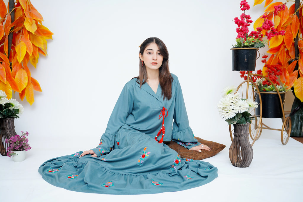 2PC – Hand Embroidered Skirt & Shirt Set in Teal Blue