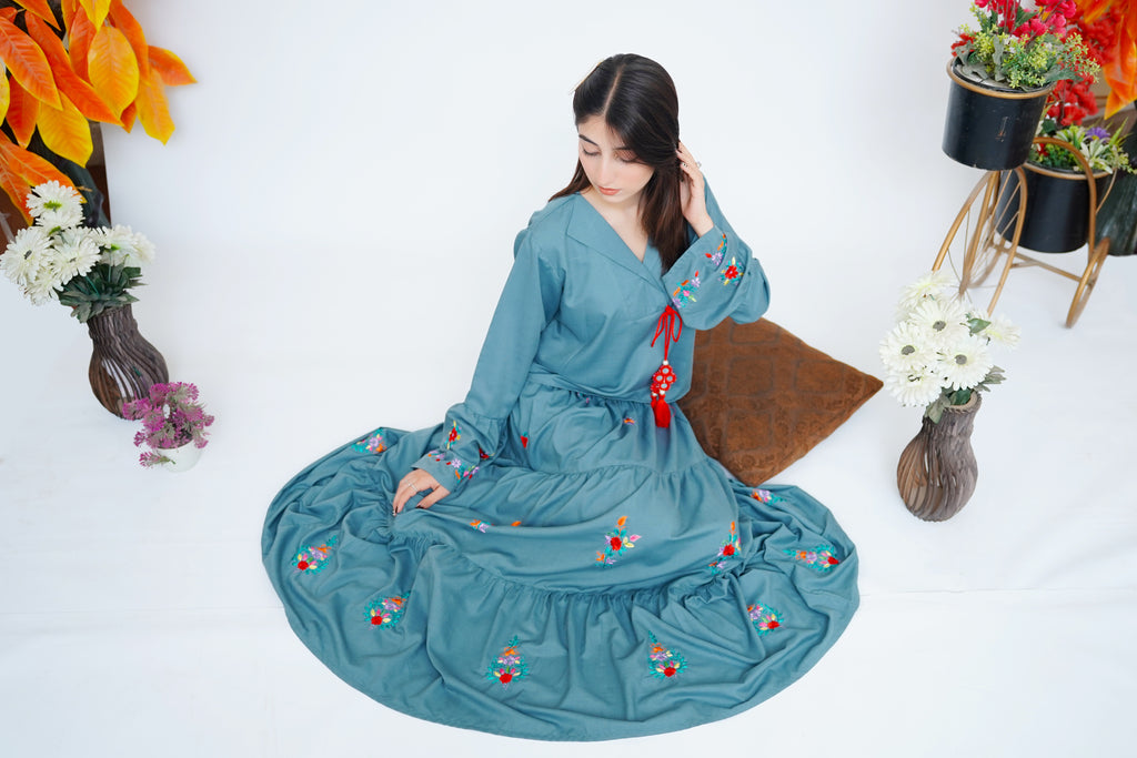 2PC – Hand Embroidered Skirt & Shirt Set in Teal Blue