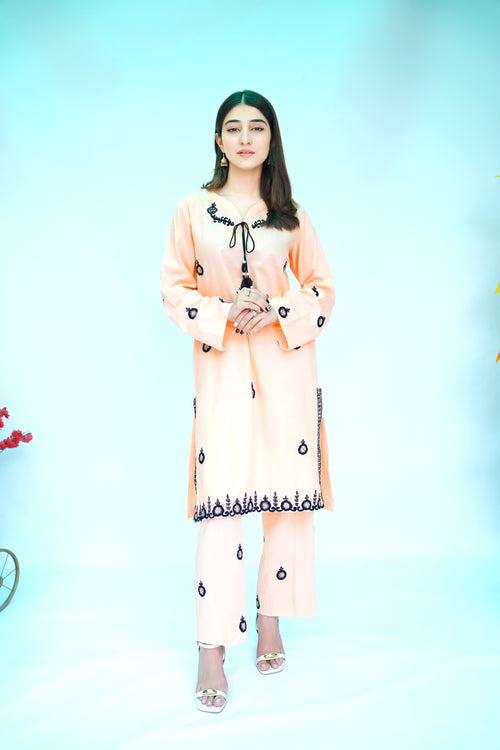 2PC – Peach Embroidered Kurta & Trouser Set