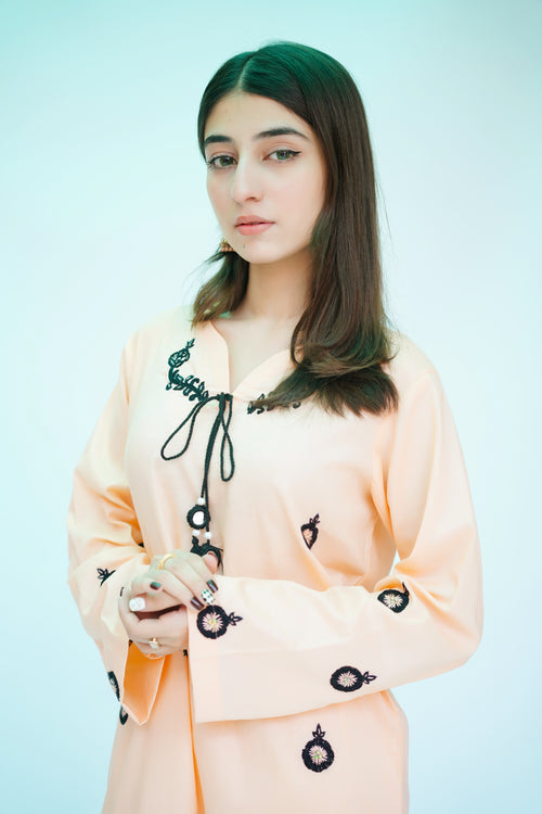 2PC – Peach Embroidered Kurta & Trouser Set
