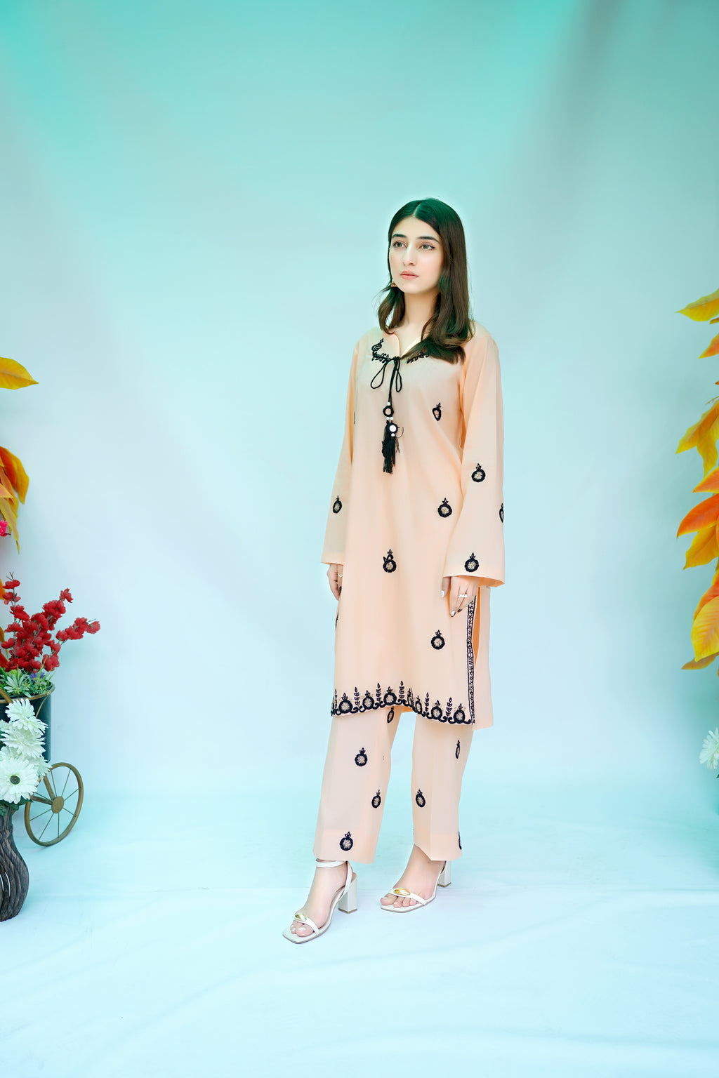 2PC – Peach Embroidered Kurta & Trouser Set