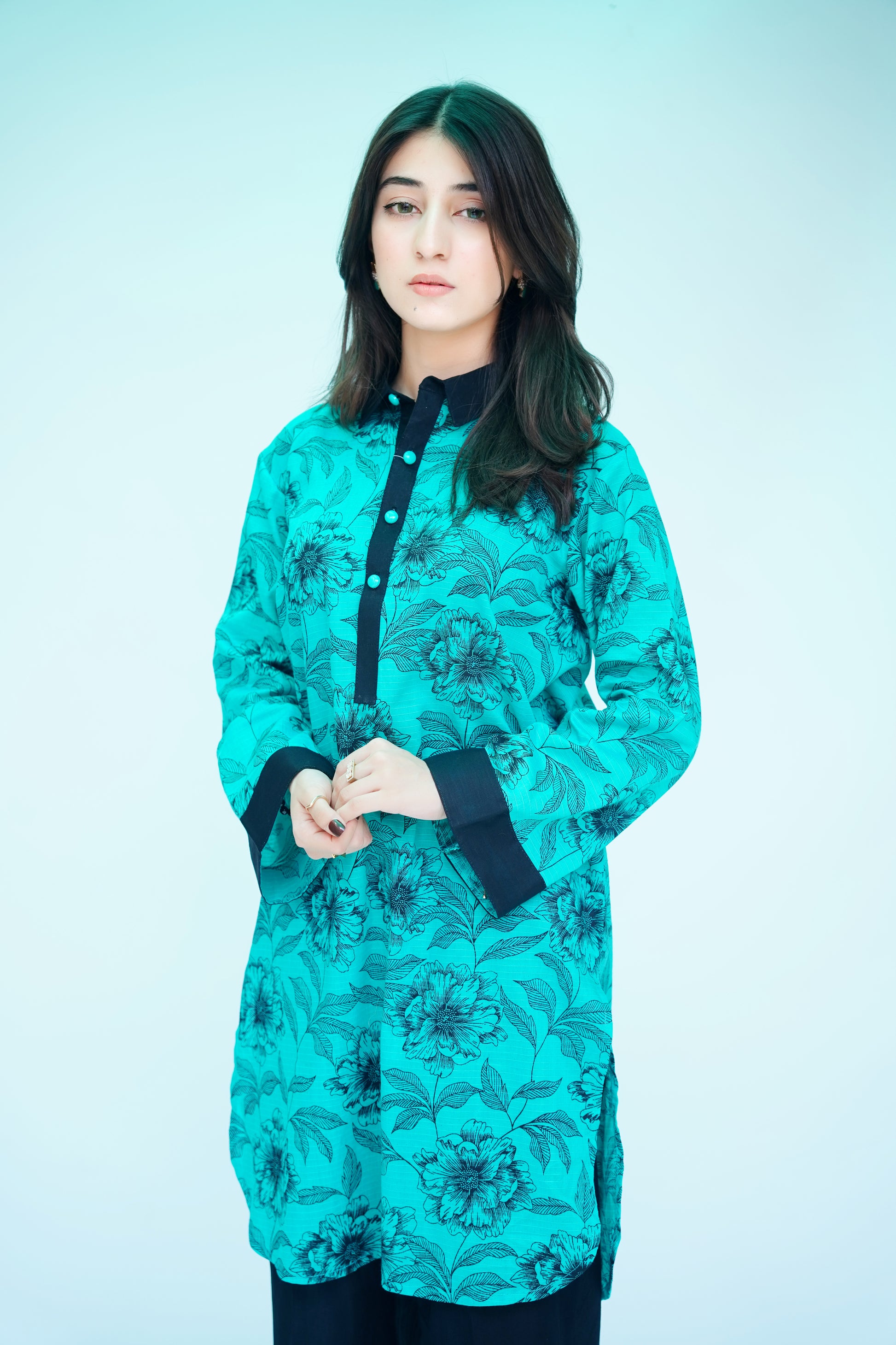 2PC – Printed Kurta & Trouser Set in Teal Blue