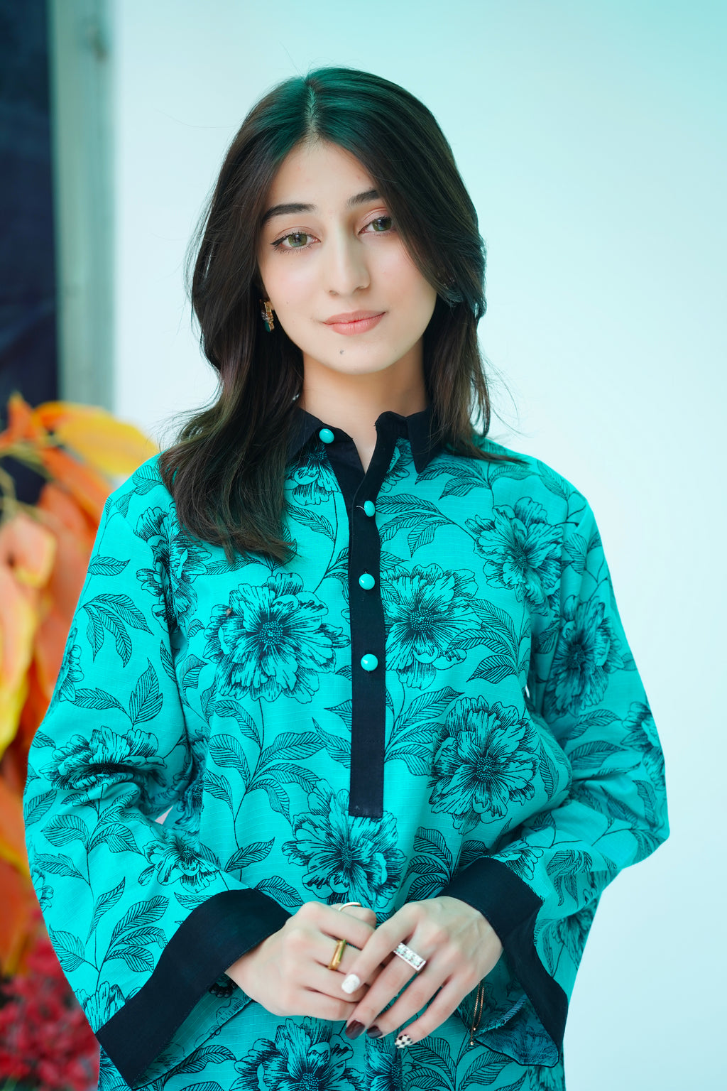 2PC – Printed Kurta & Trouser Set in Teal Blue