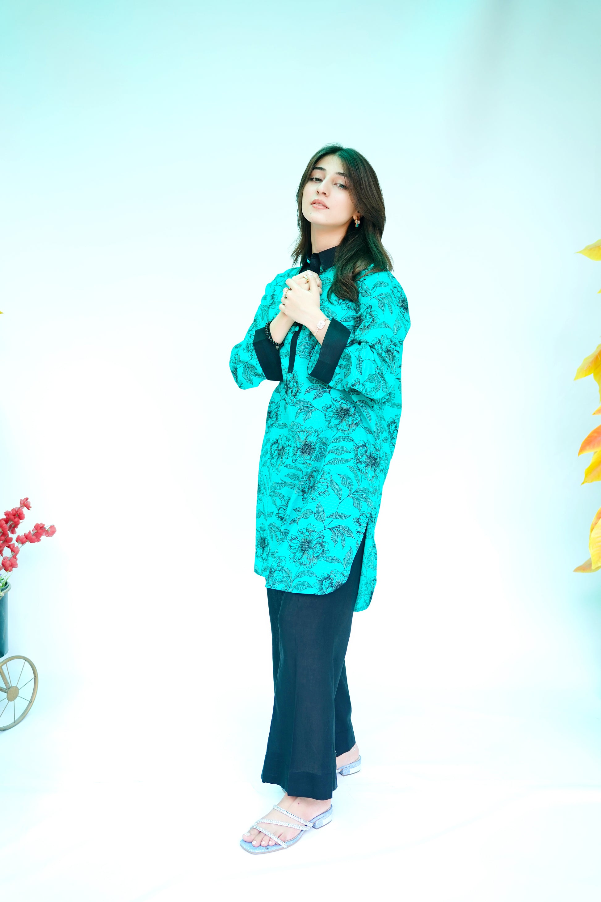 2PC – Printed Kurta & Trouser Set in Teal Blue