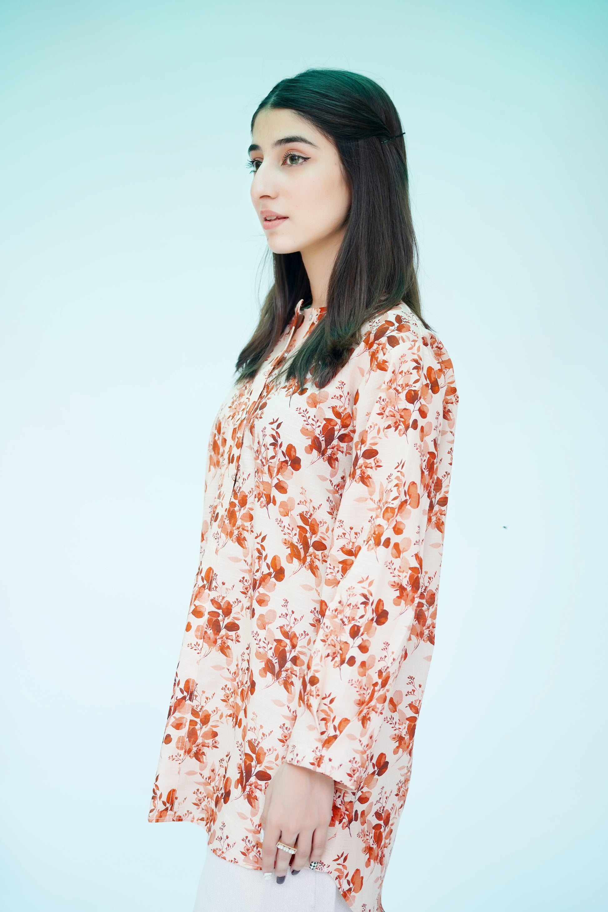 Printed Long Shirt in Peach & Rust Floral