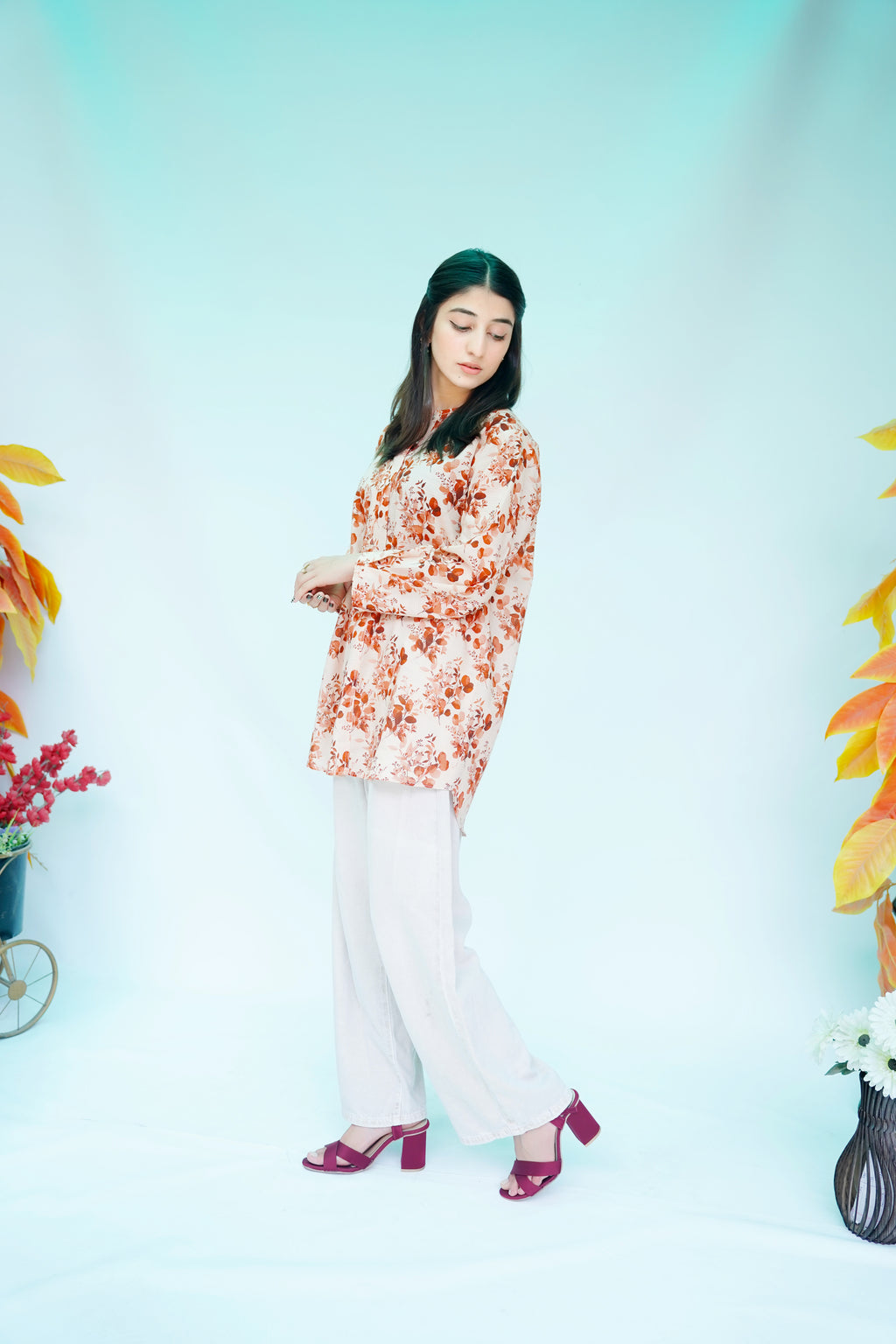 Printed Long Shirt in Peach & Rust Floral