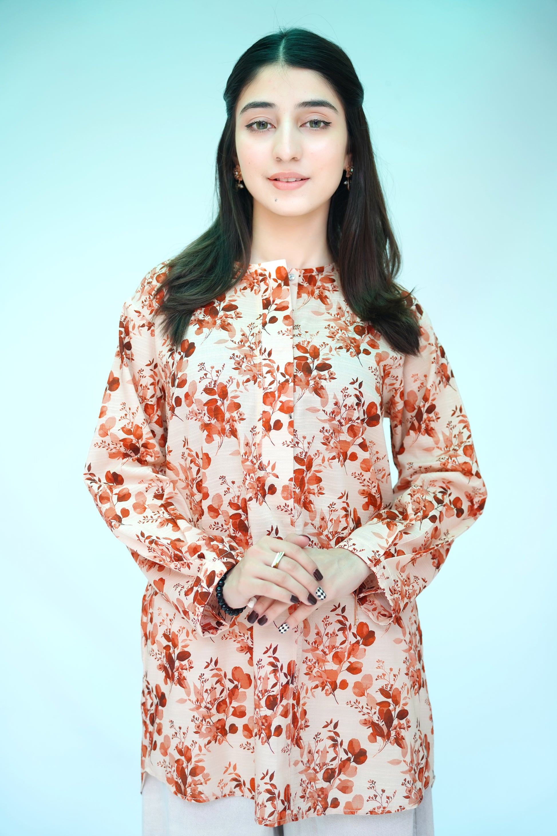 Printed Long Shirt in Peach & Rust Floral