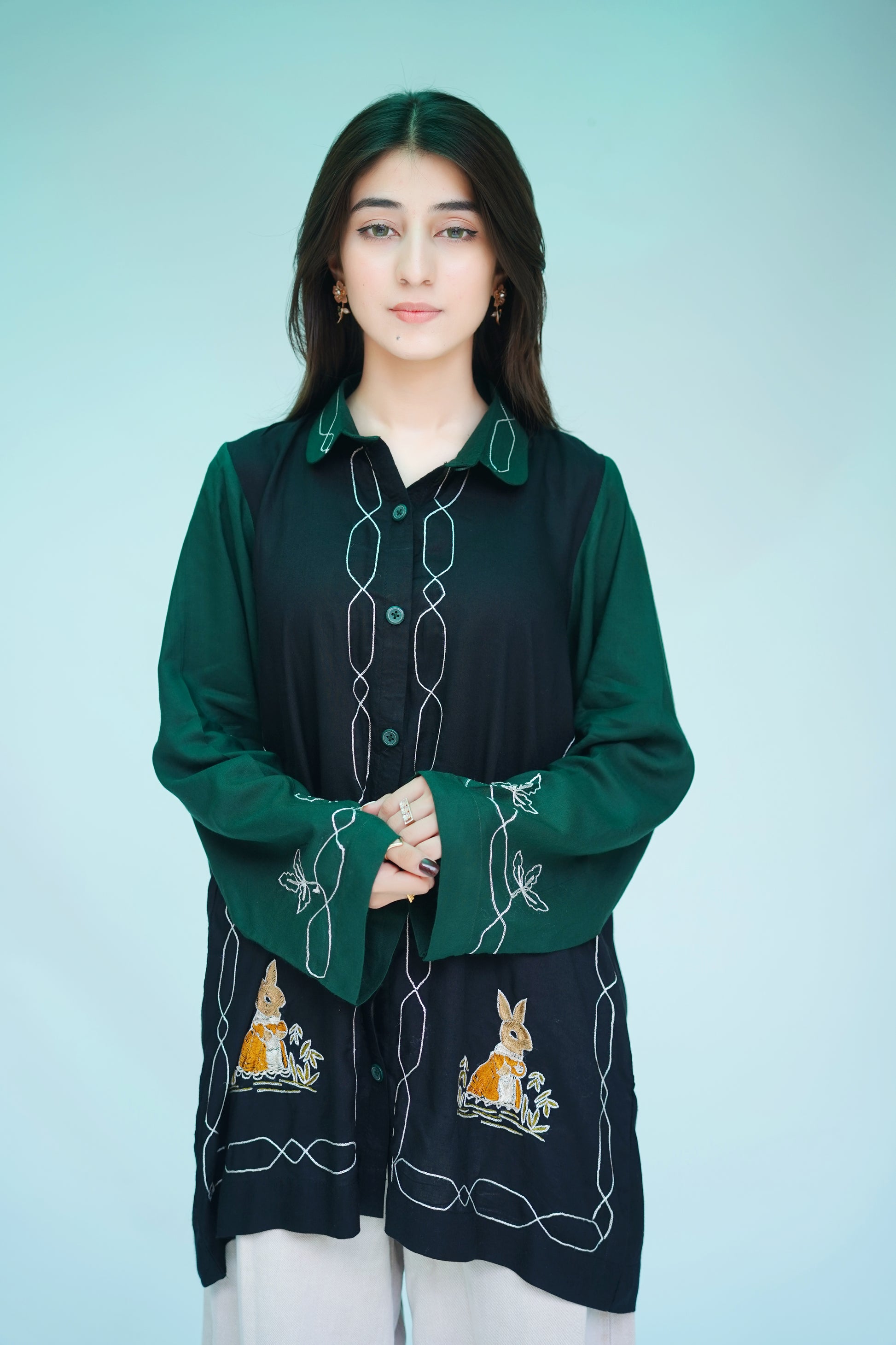 Hand Embroidered Long Shirt in Black & Forest Green