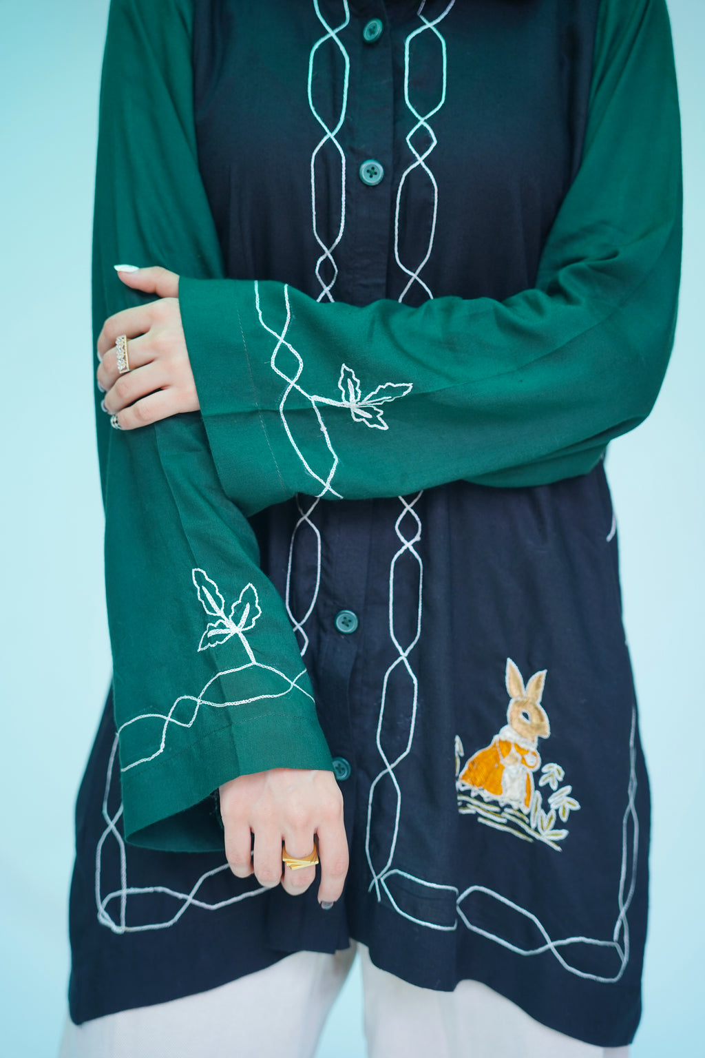 Hand Embroidered Long Shirt in Black & Forest Green