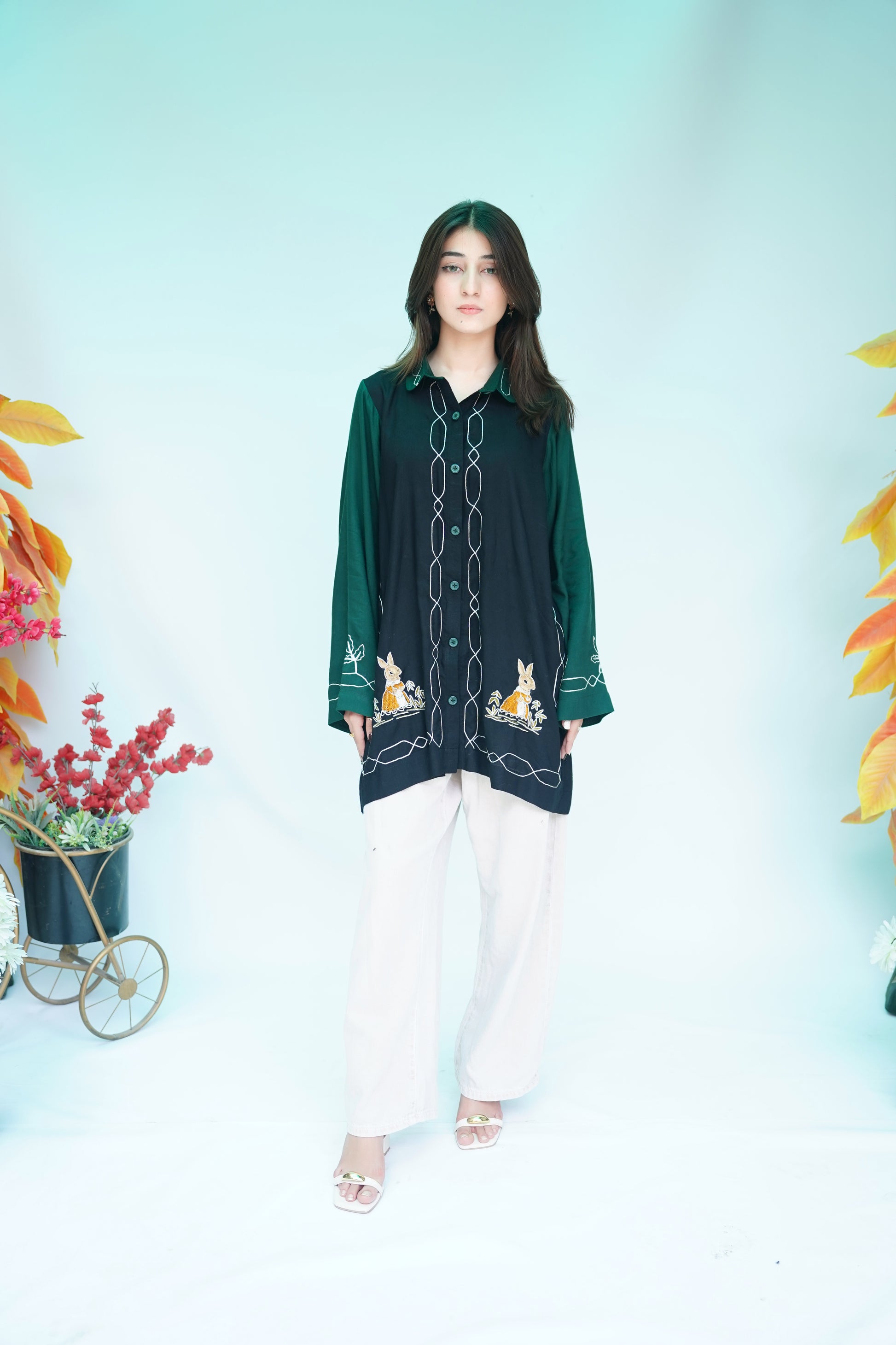 Hand Embroidered Long Shirt in Black & Forest Green