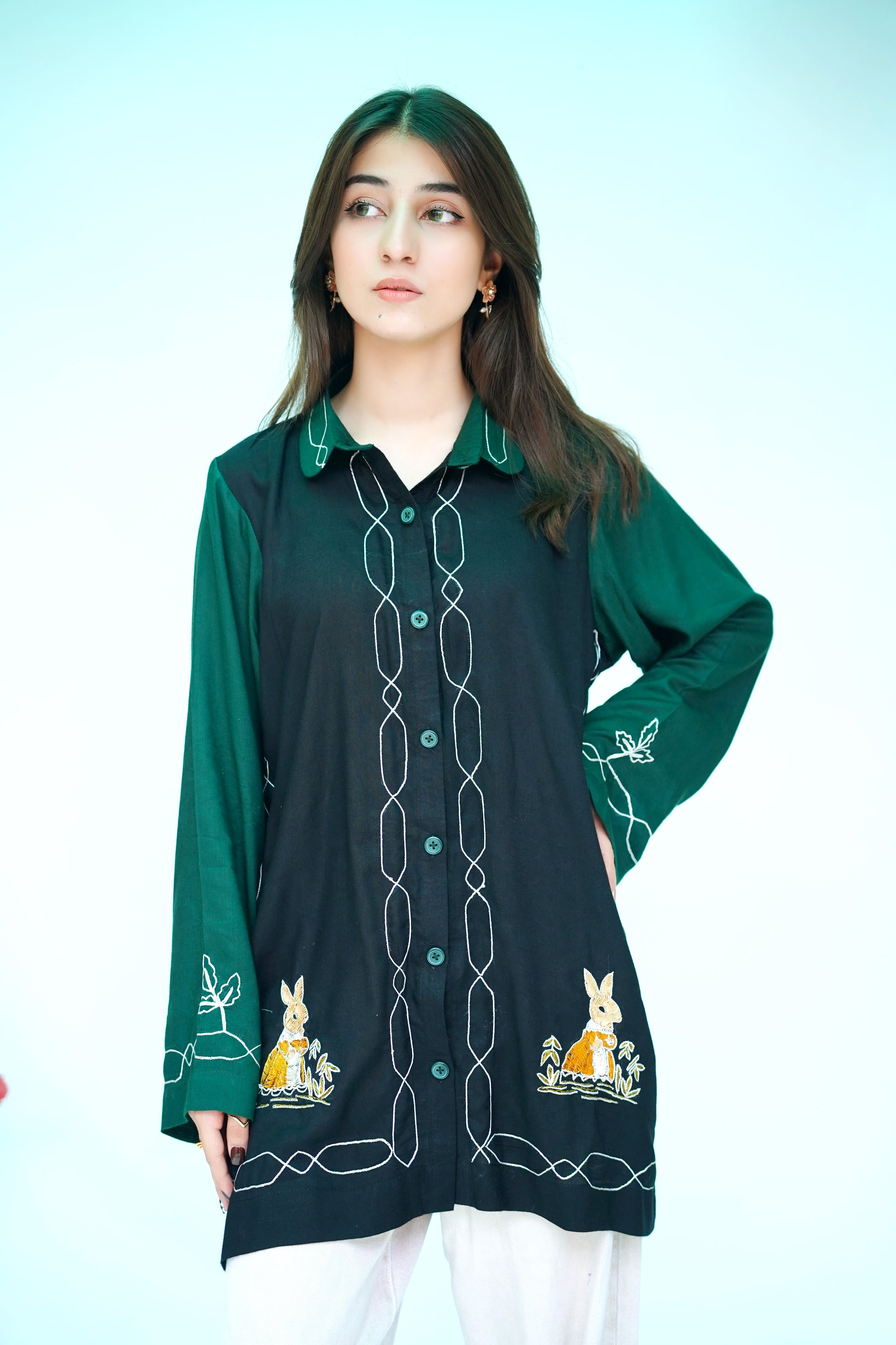 Hand Embroidered Long Shirt in Black & Forest Green