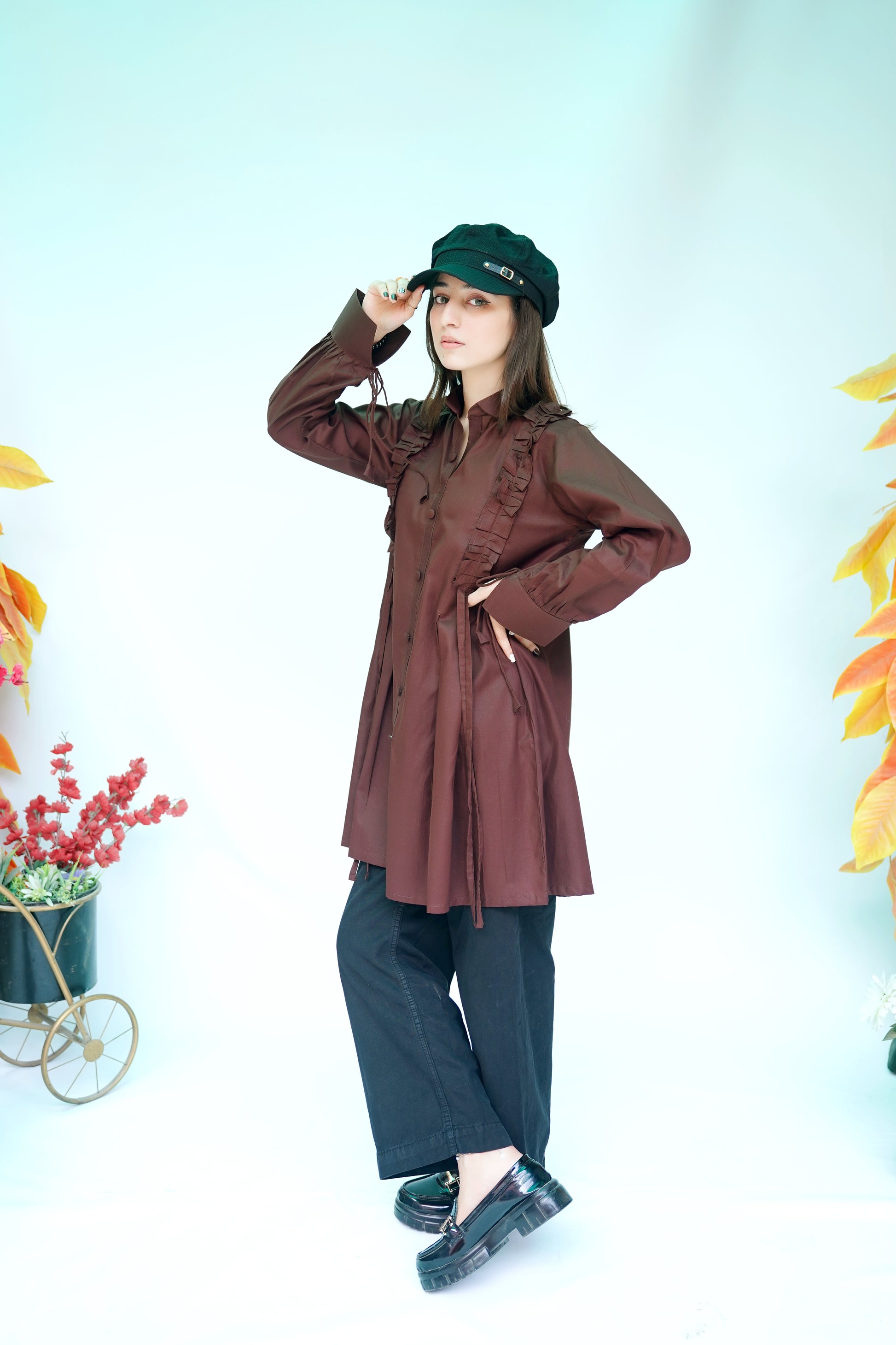 Pleated & Ruffle Detail Long Shirt in Chocolate Brown