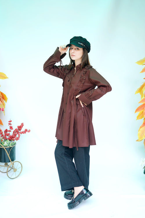 Pleated & Ruffle Detail Long Shirt in Chocolate Brown