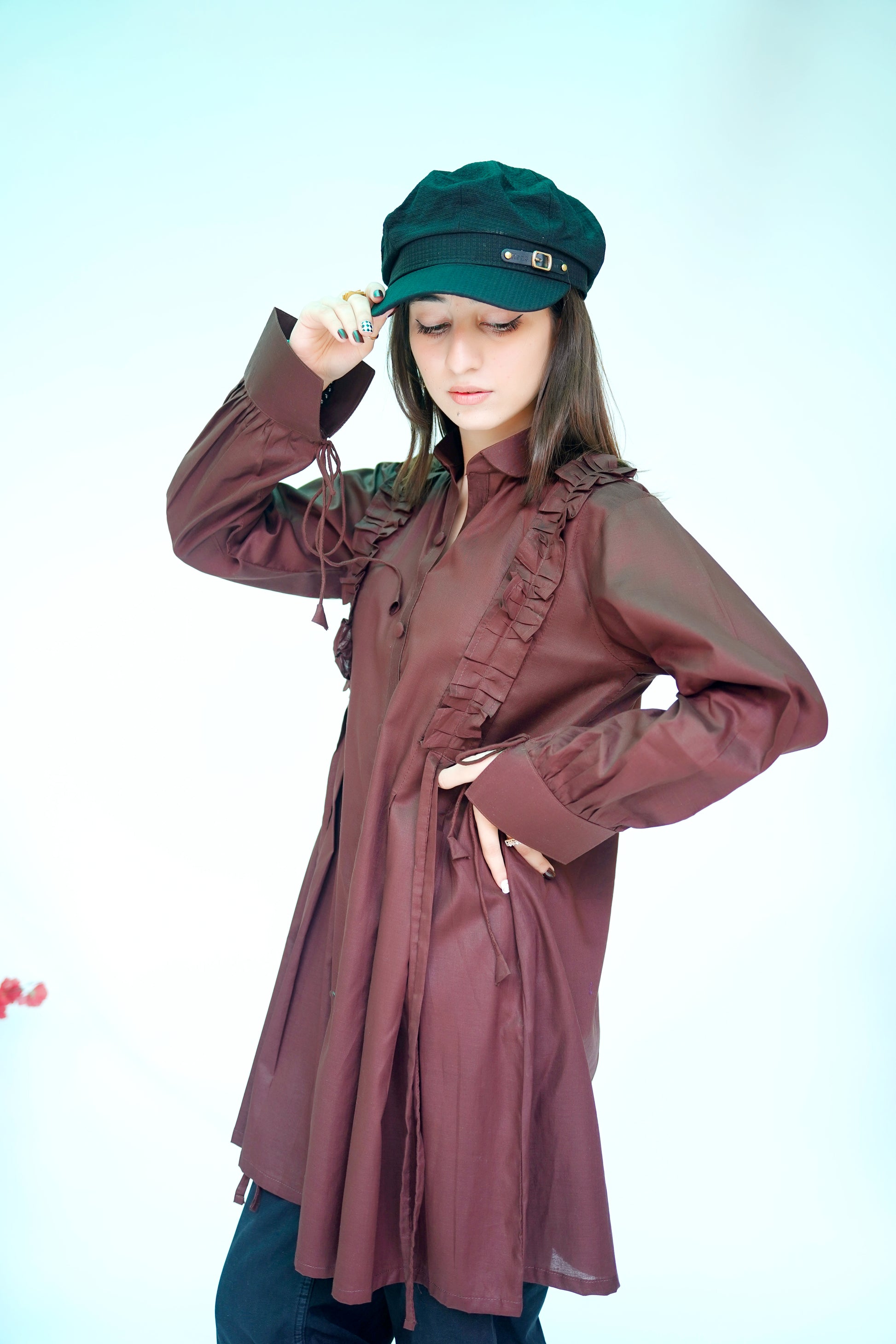 Pleated & Ruffle Detail Long Shirt in Chocolate Brown