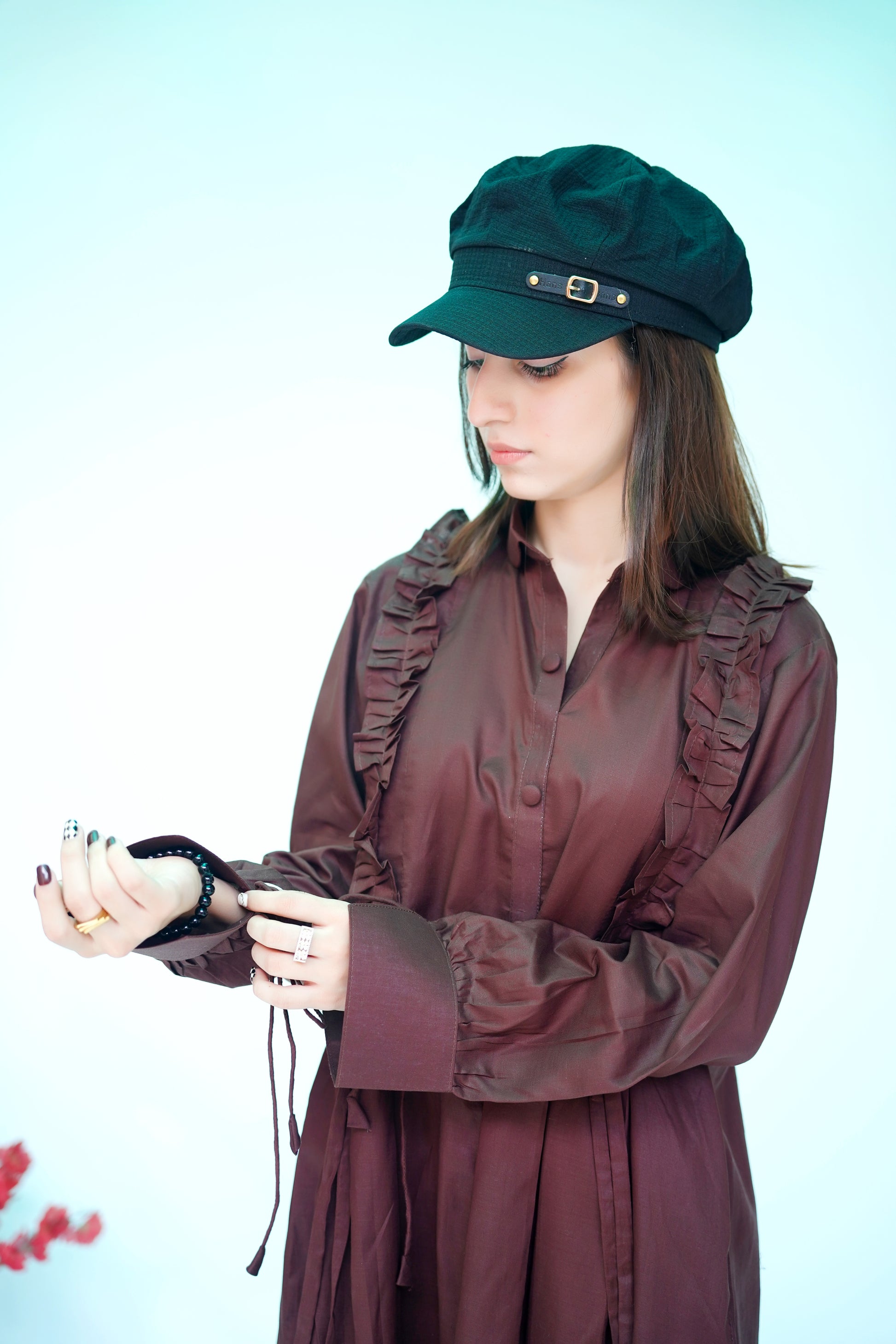 Pleated & Ruffle Detail Long Shirt in Chocolate Brown