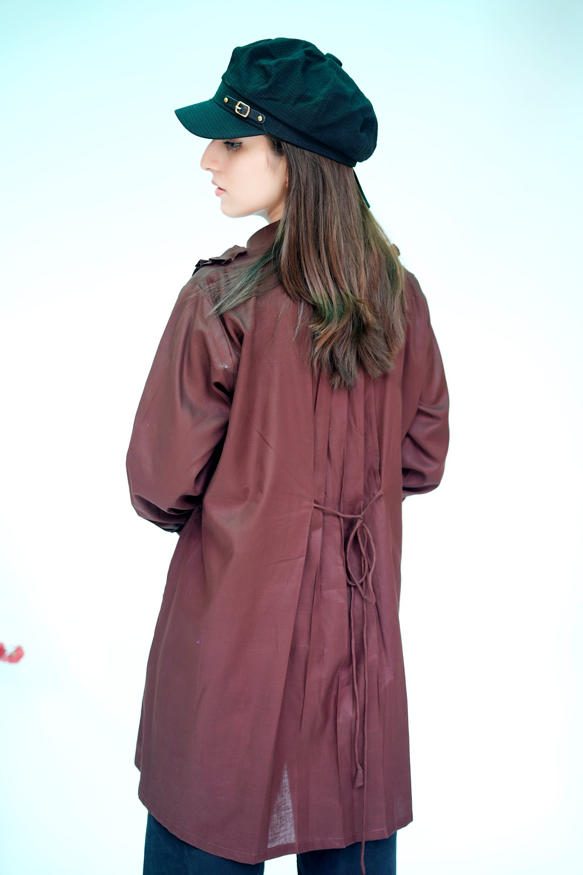 Pleated & Ruffle Detail Long Shirt in Chocolate Brown