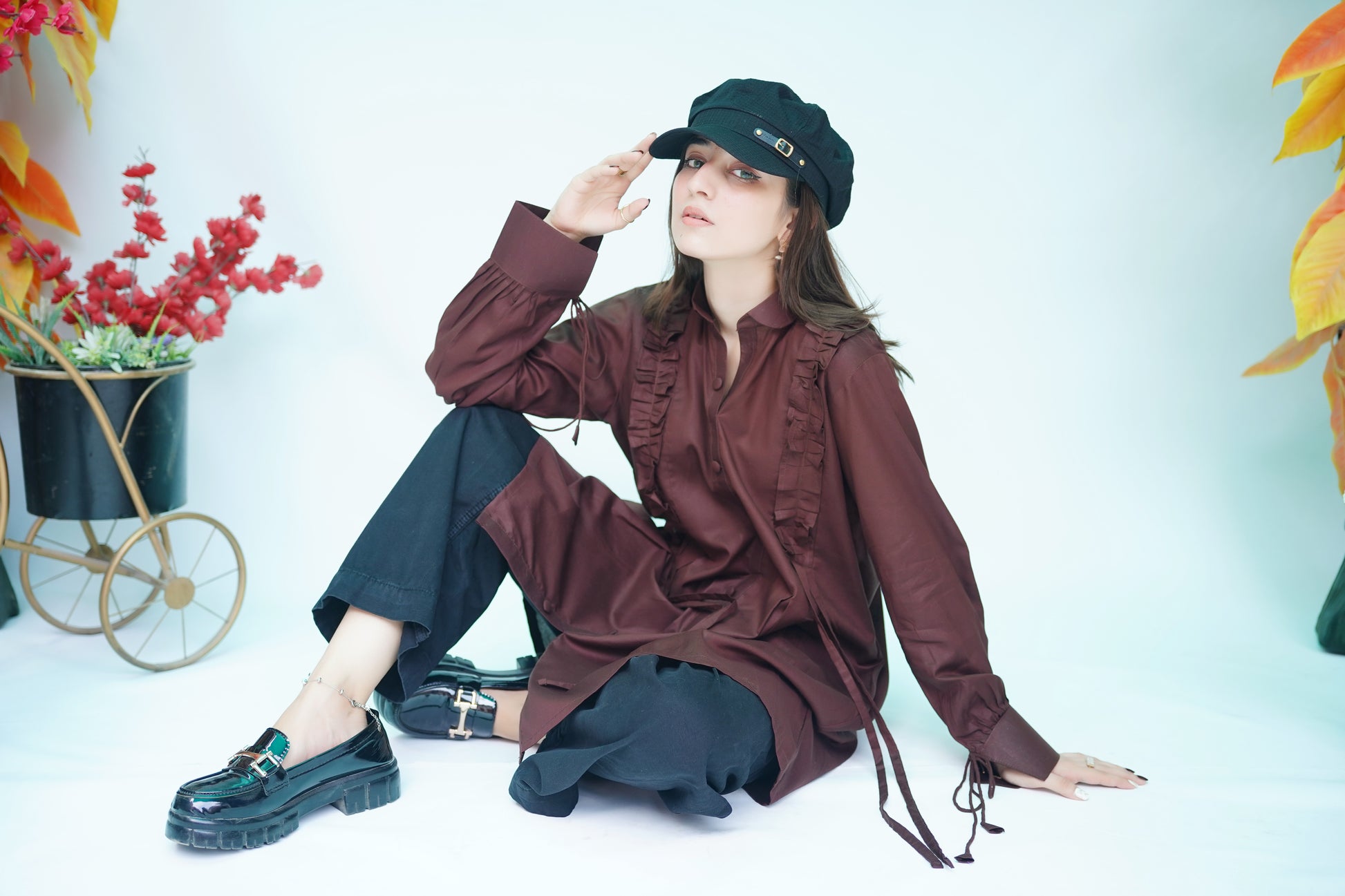 Pleated & Ruffle Detail Long Shirt in Chocolate Brown