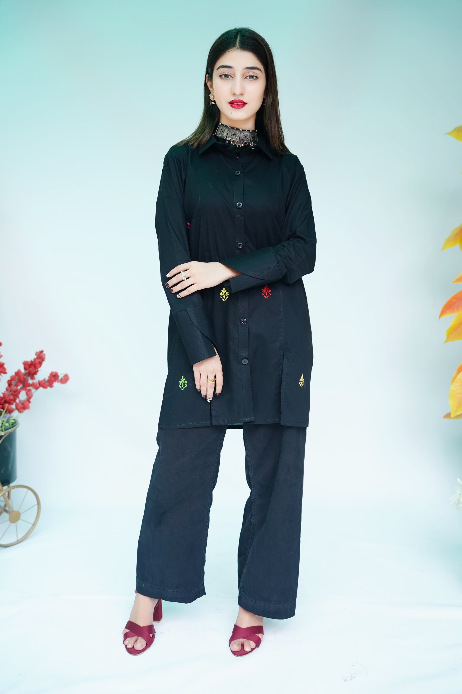 Black Hand Embroidered Long Shirt
