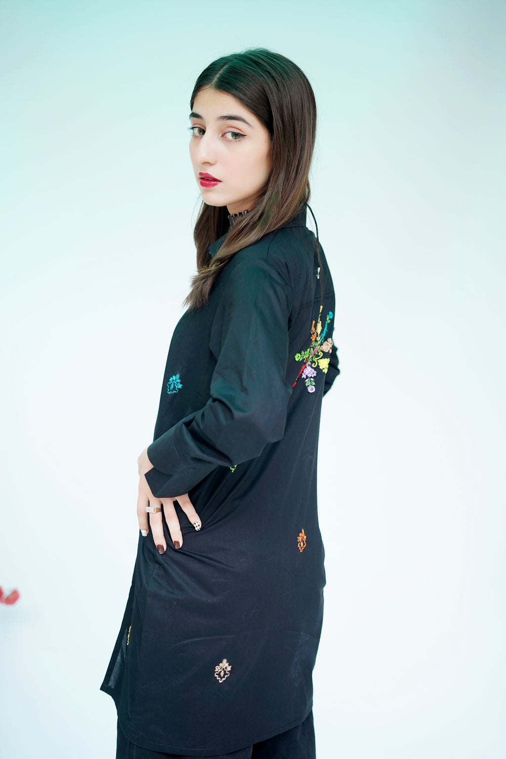 Black Hand Embroidered Long Shirt