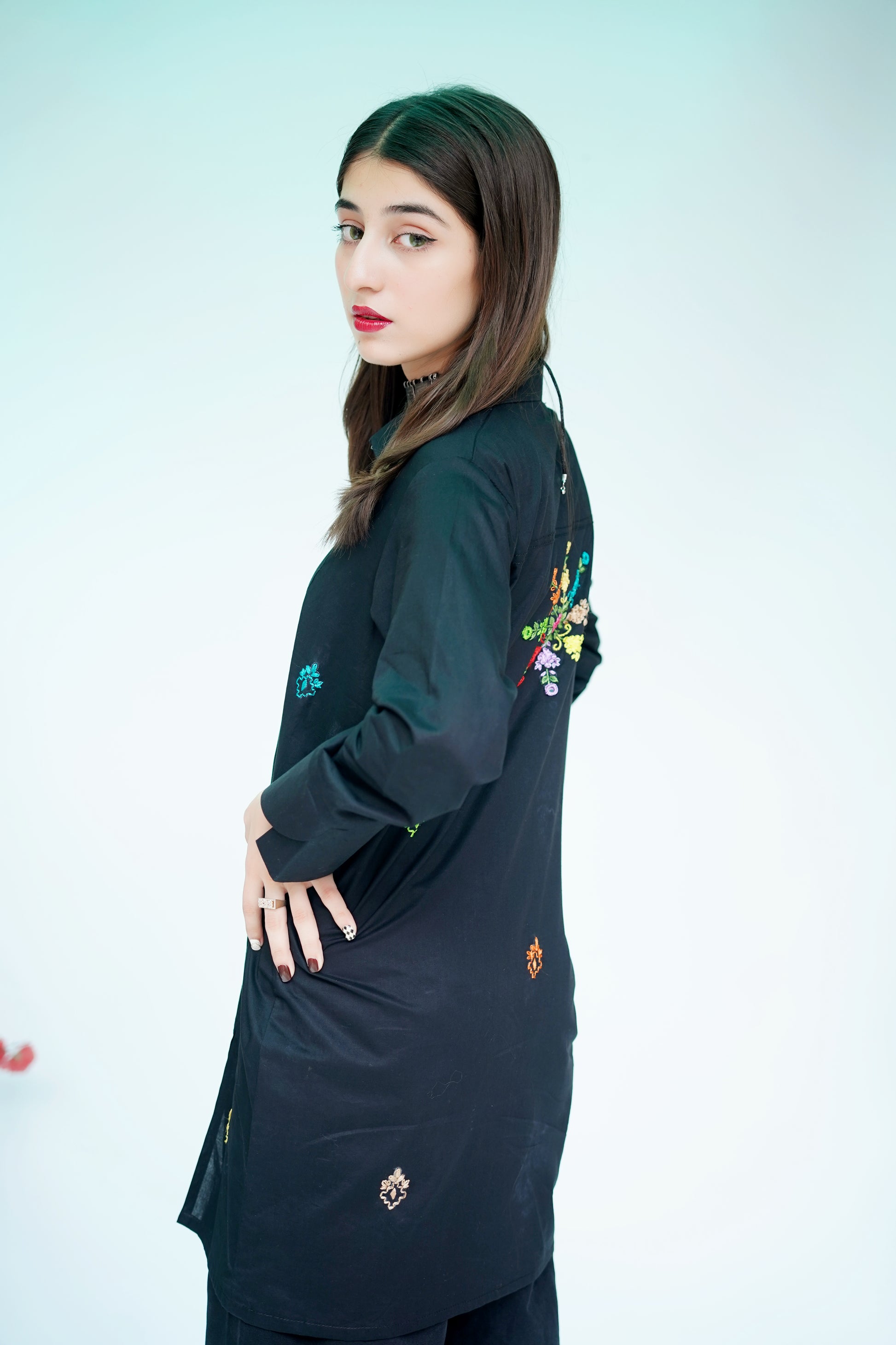 Black Hand Embroidered Long Shirt