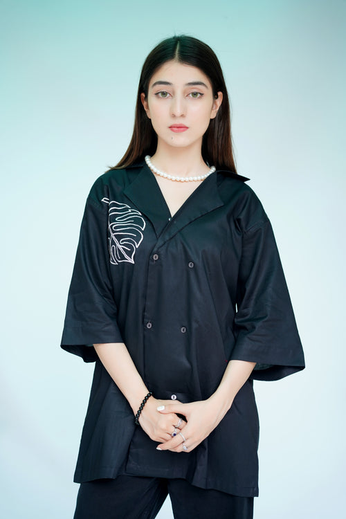 Black Monstera Leaf Embroidered Shirt
