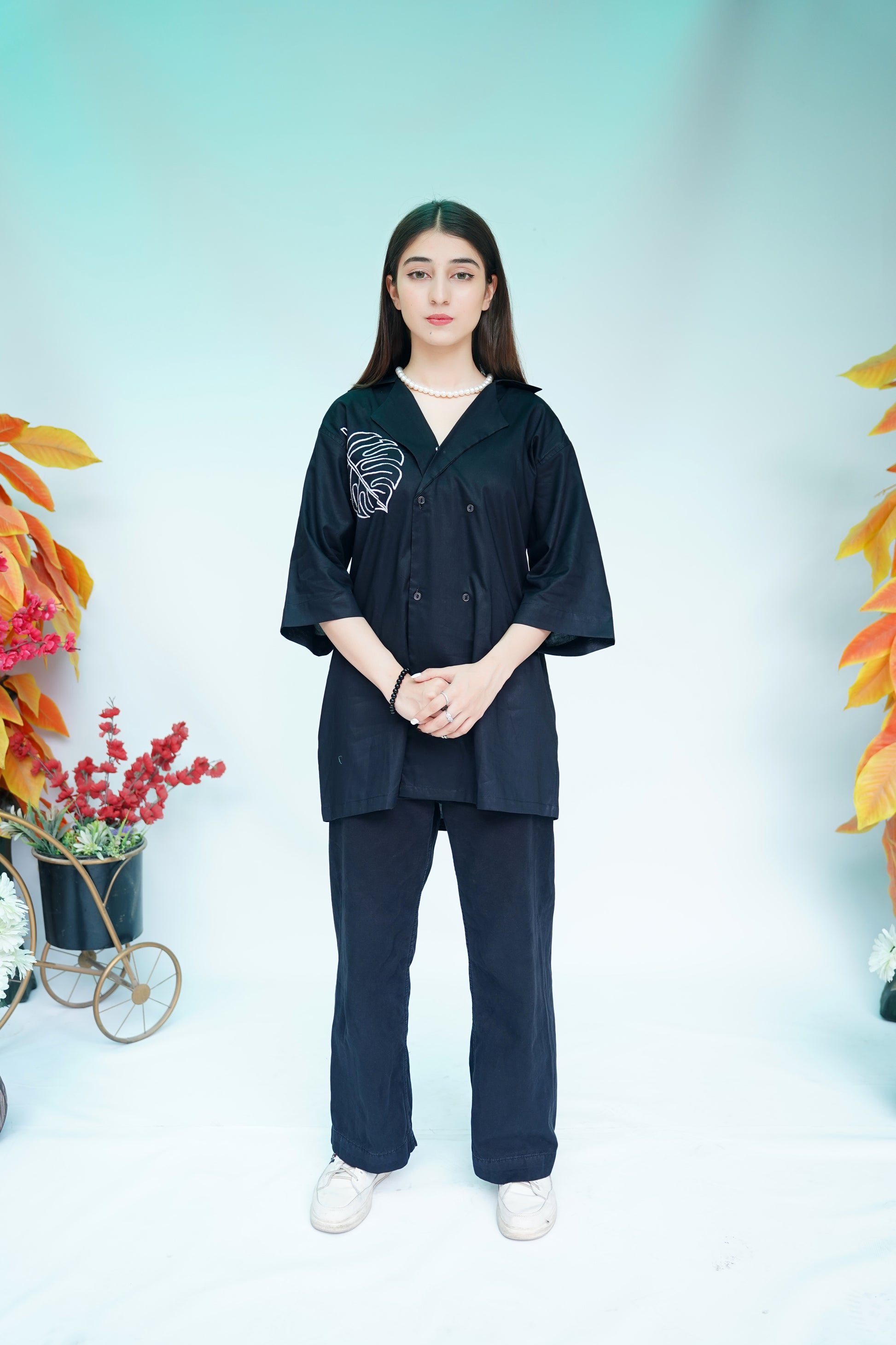 Black Monstera Leaf Embroidered Shirt
