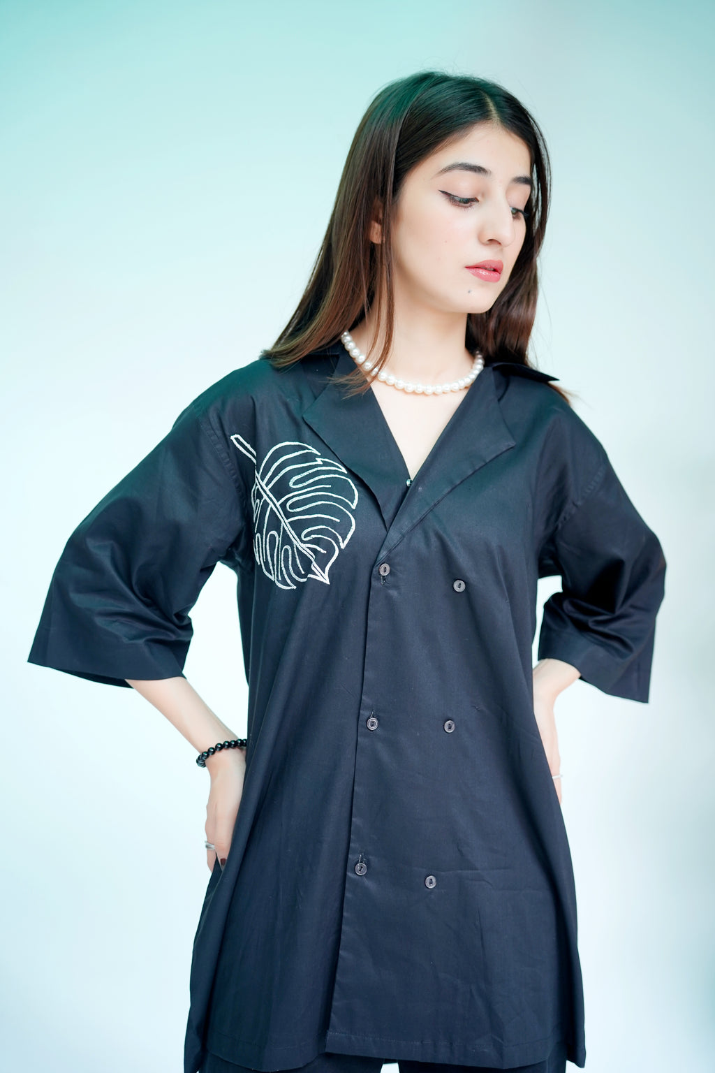 Black Monstera Leaf Embroidered Shirt