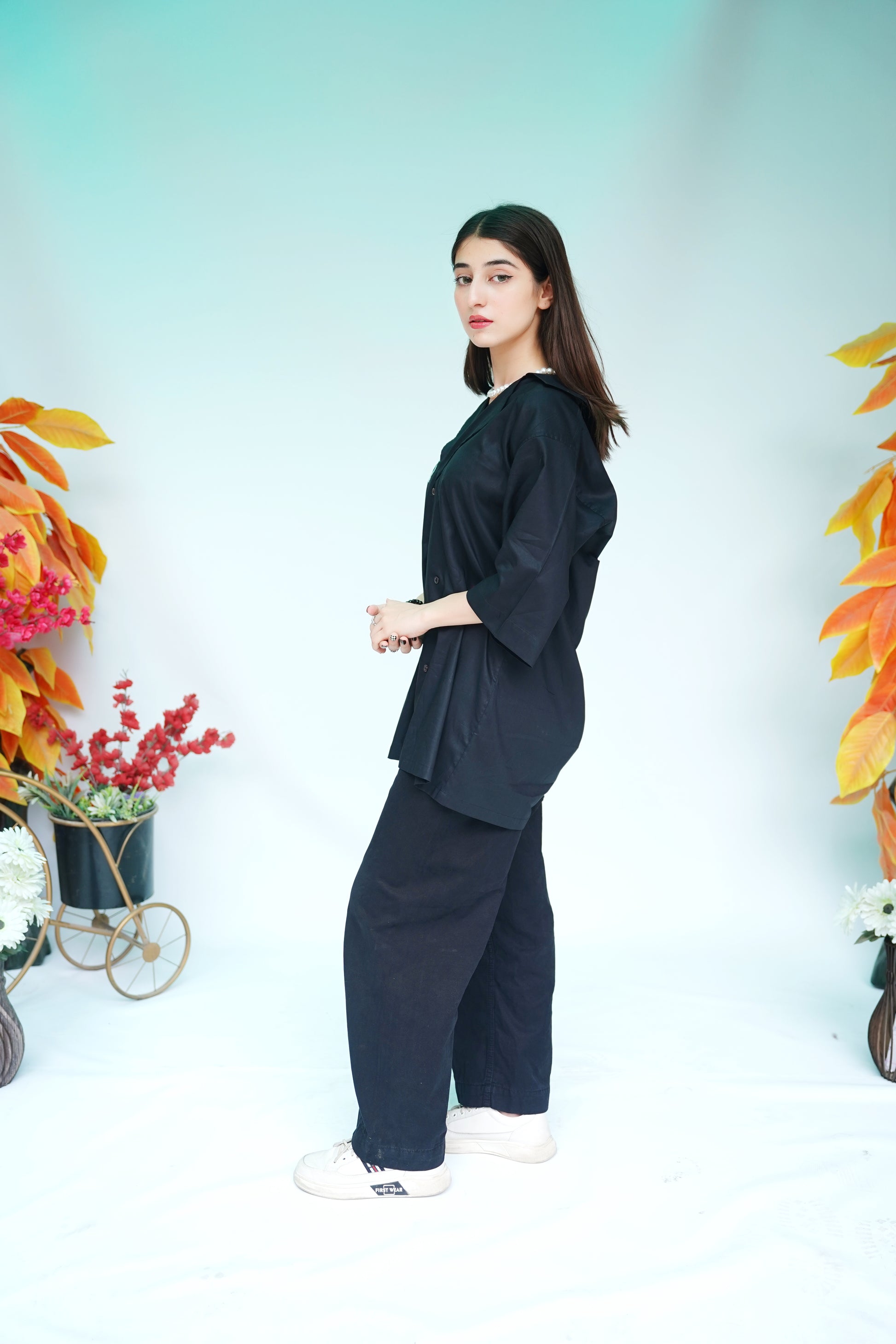 Black Monstera Leaf Embroidered Shirt