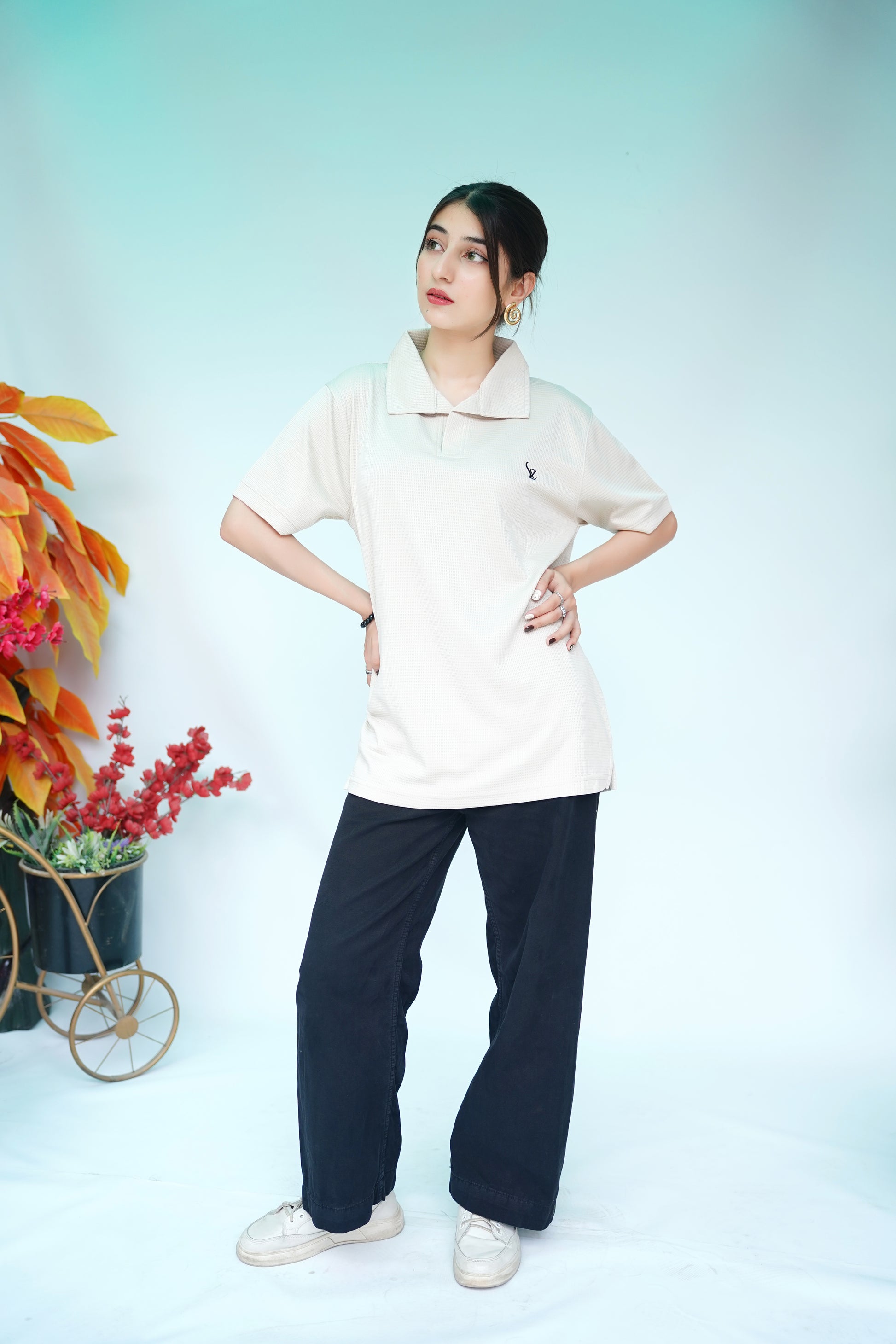 Unisex Beige Textured Polo Shirt