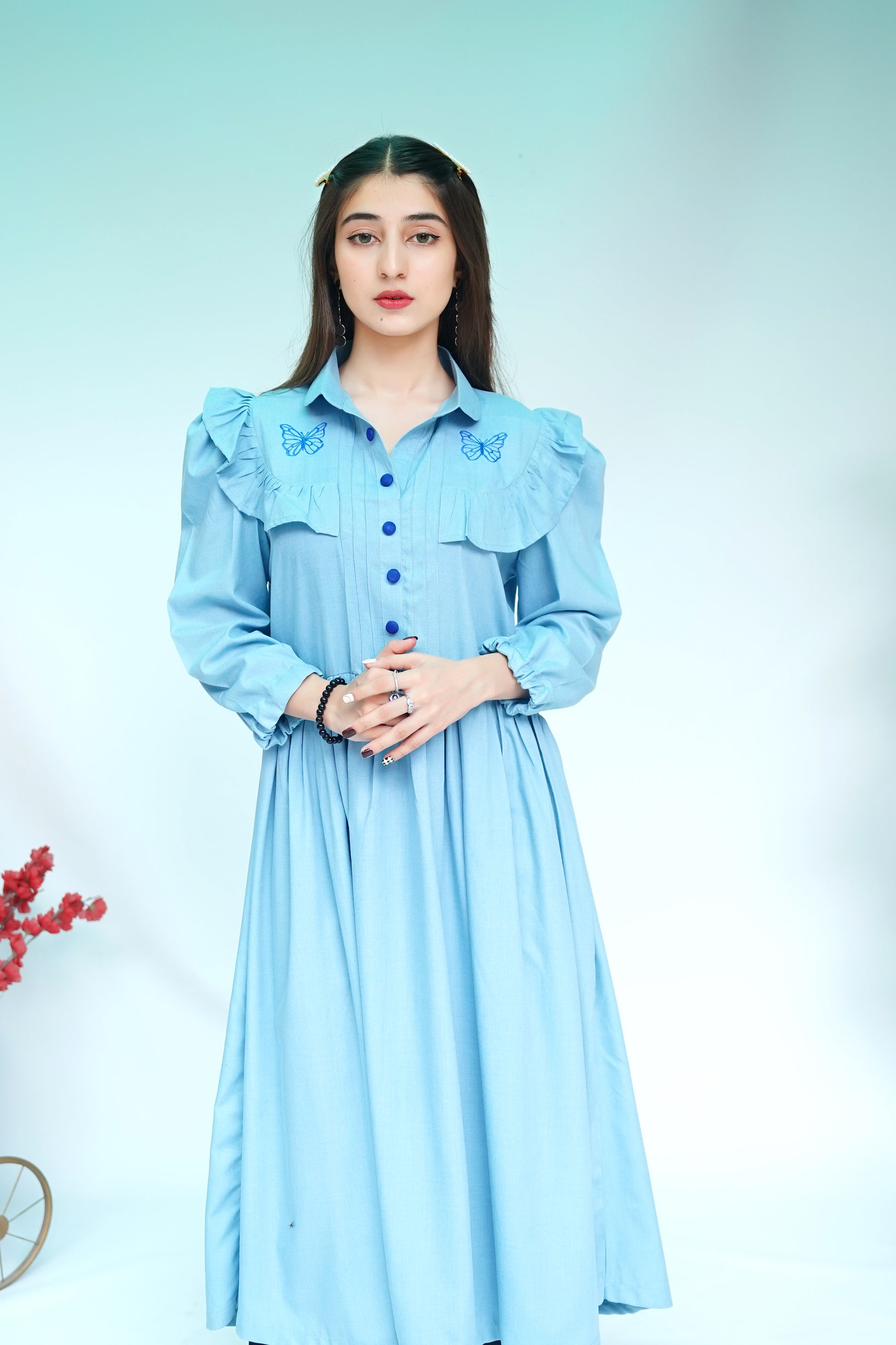 Sky Blue Butterfly Embroidered Frock