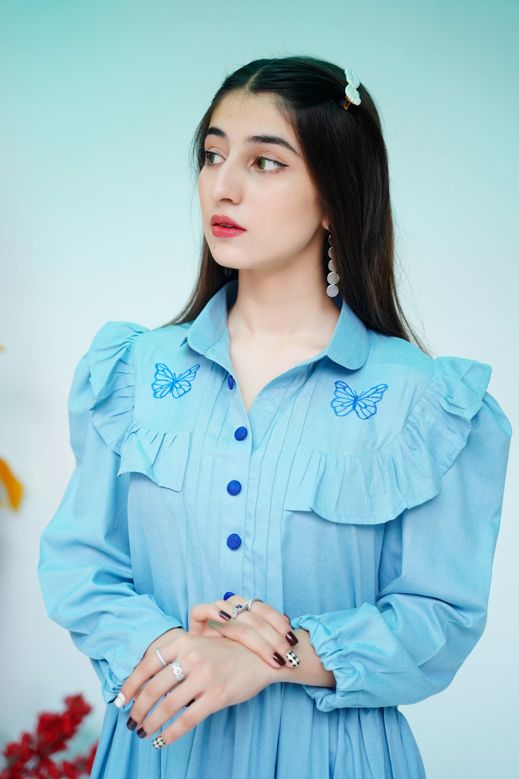 Sky Blue Butterfly Embroidered Frock