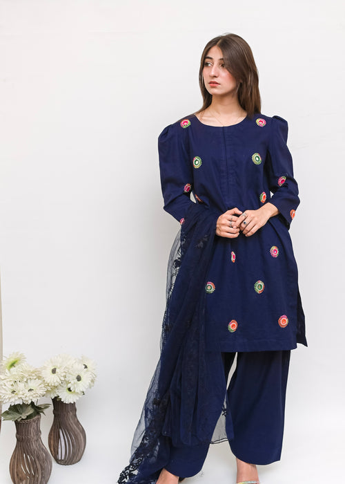 3PC-Midnight Bloom Hand Embroidered Suit