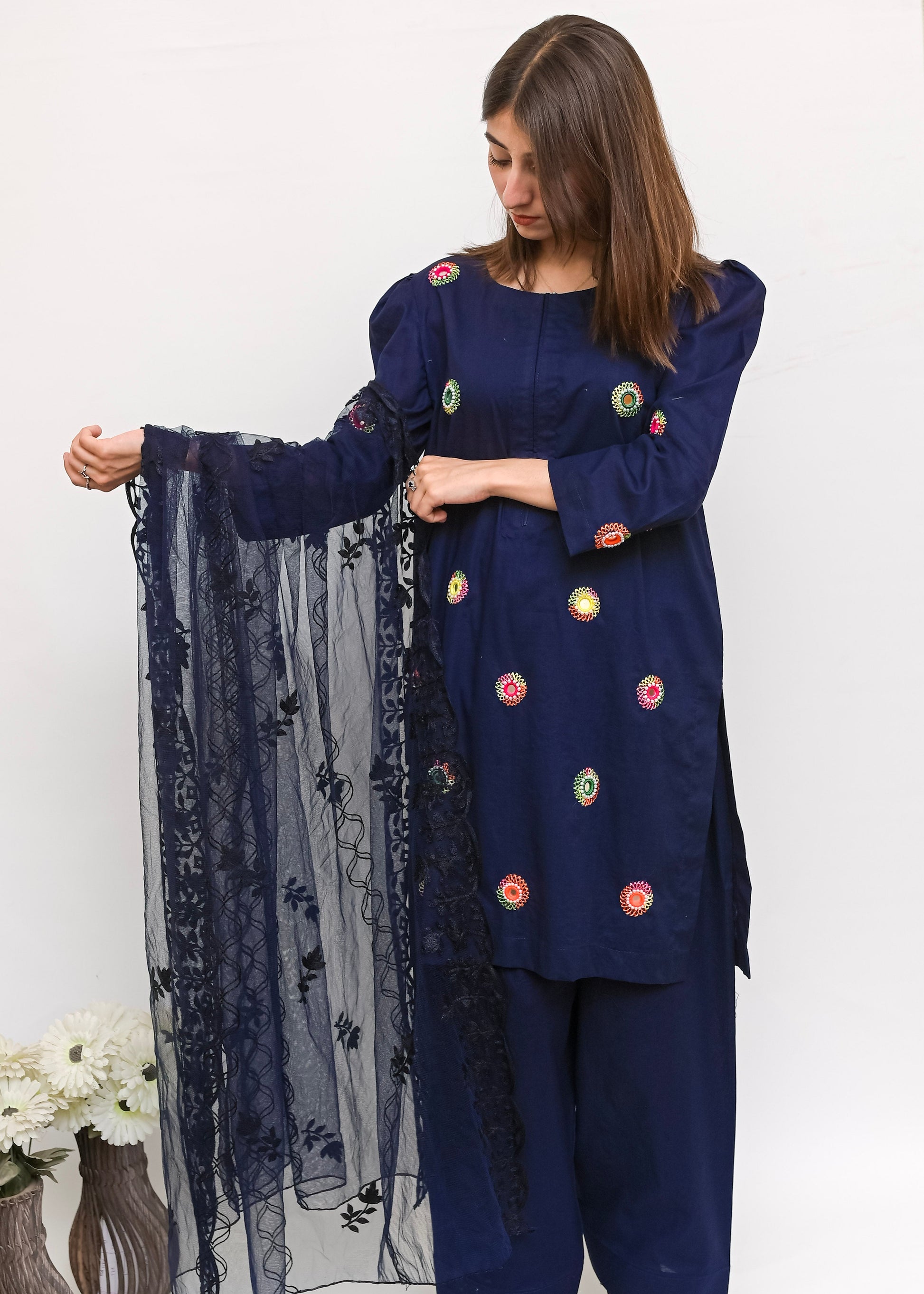 3PC-Midnight Bloom Hand Embroidered Suit