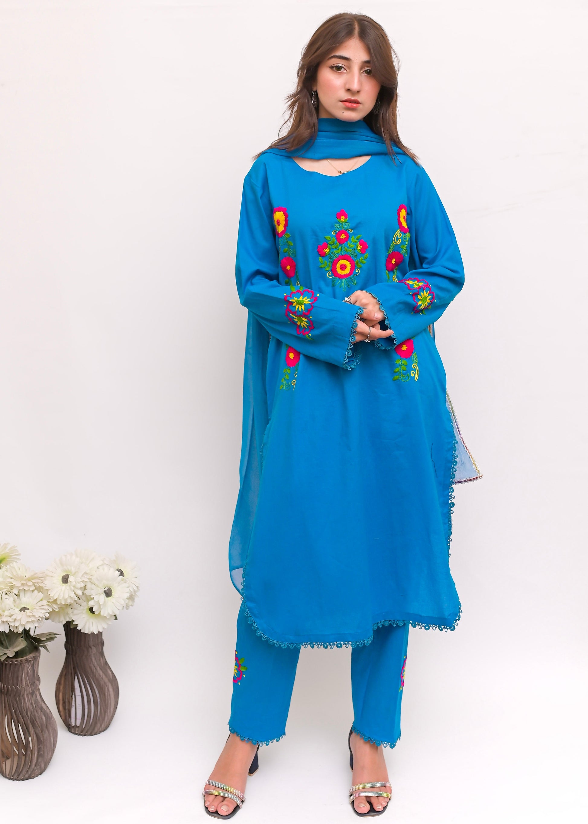 3PC-Sapphire Bloom Hand Embroidered Suit