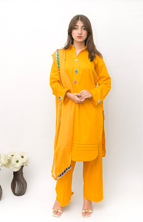 3PC-Mustard Yellow Suit with Mirror Button Detailing