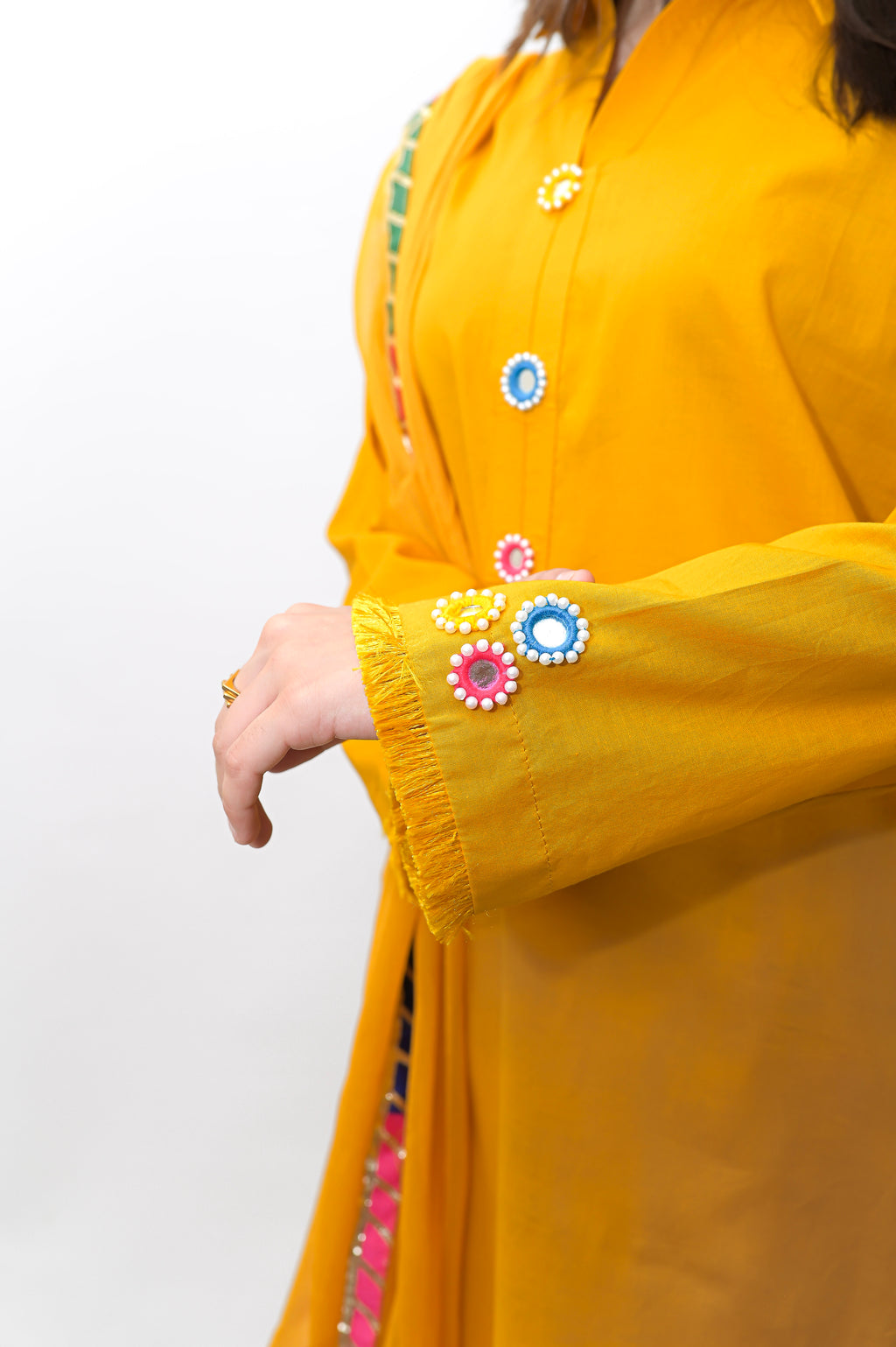 3PC-Mustard Yellow Suit with Mirror Button Detailing