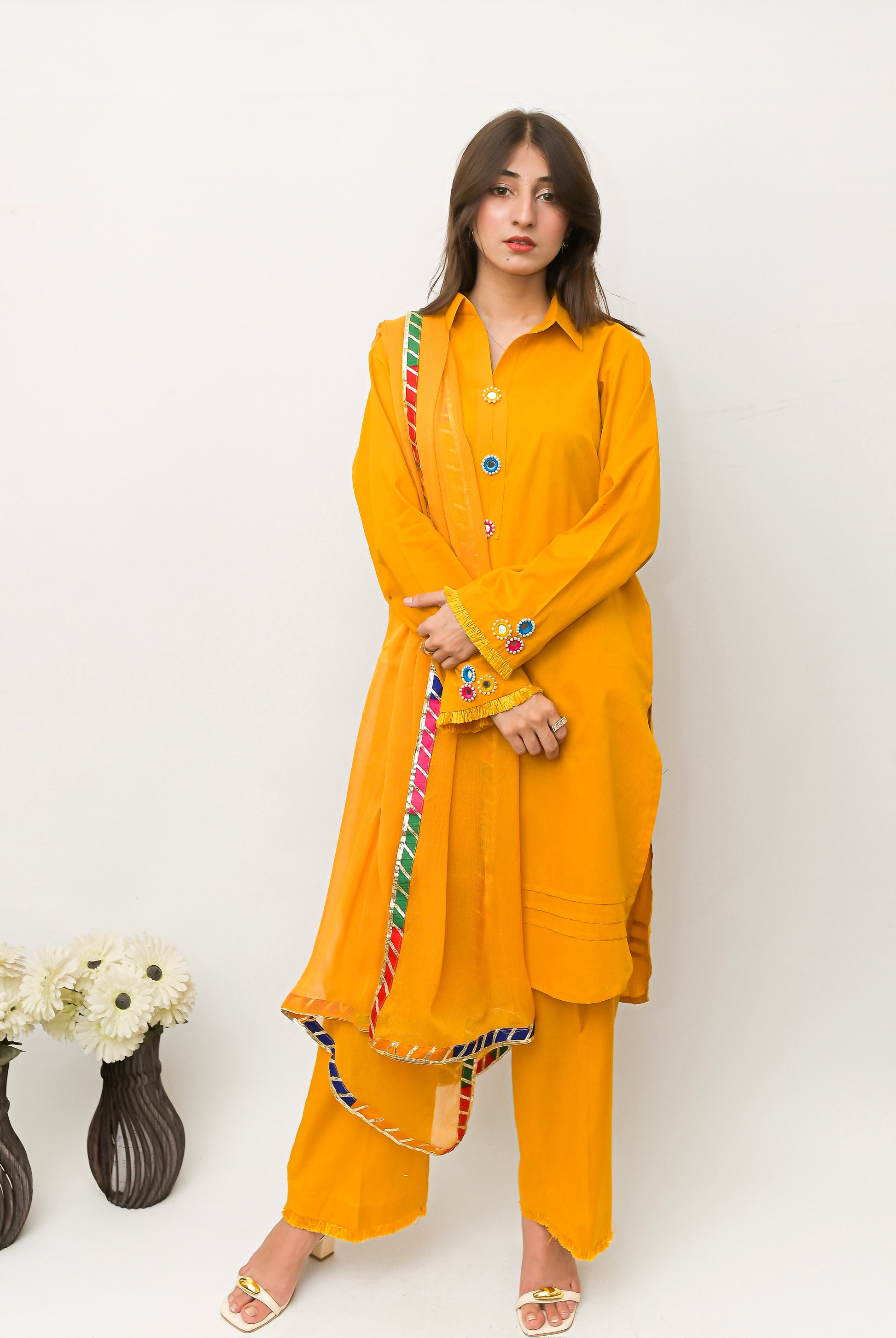 3PC-Mustard Yellow Suit with Mirror Button Detailing